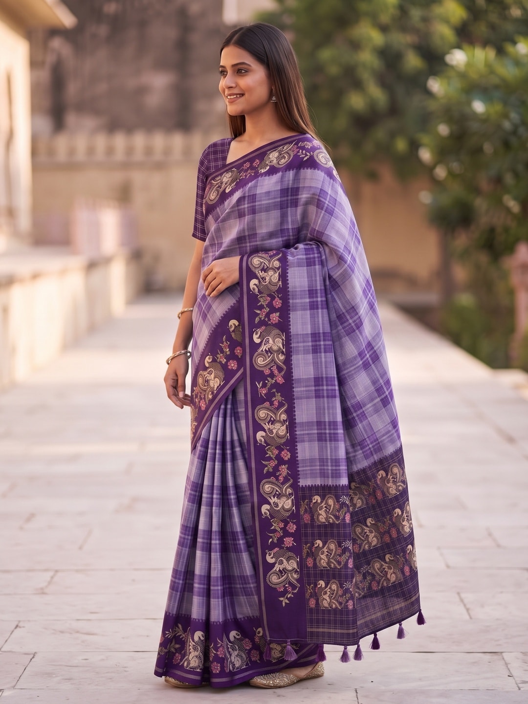 Peachmode Lavender Kalamkari Peacock Border Check Tussar Saree With Tassels - Image 3
