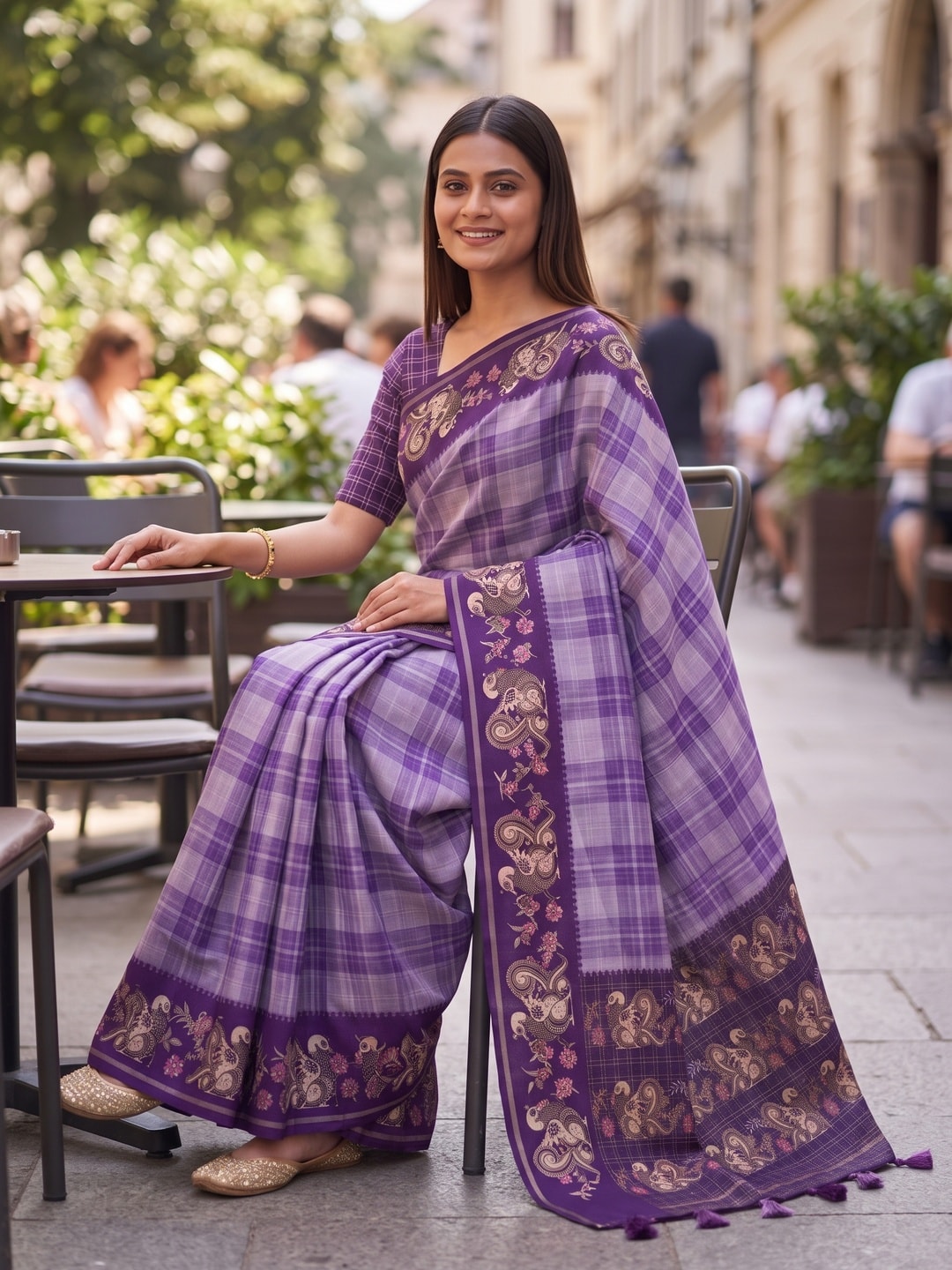 Peachmode Lavender Kalamkari Peacock Border Check Tussar Saree With Tassels - Image 4
