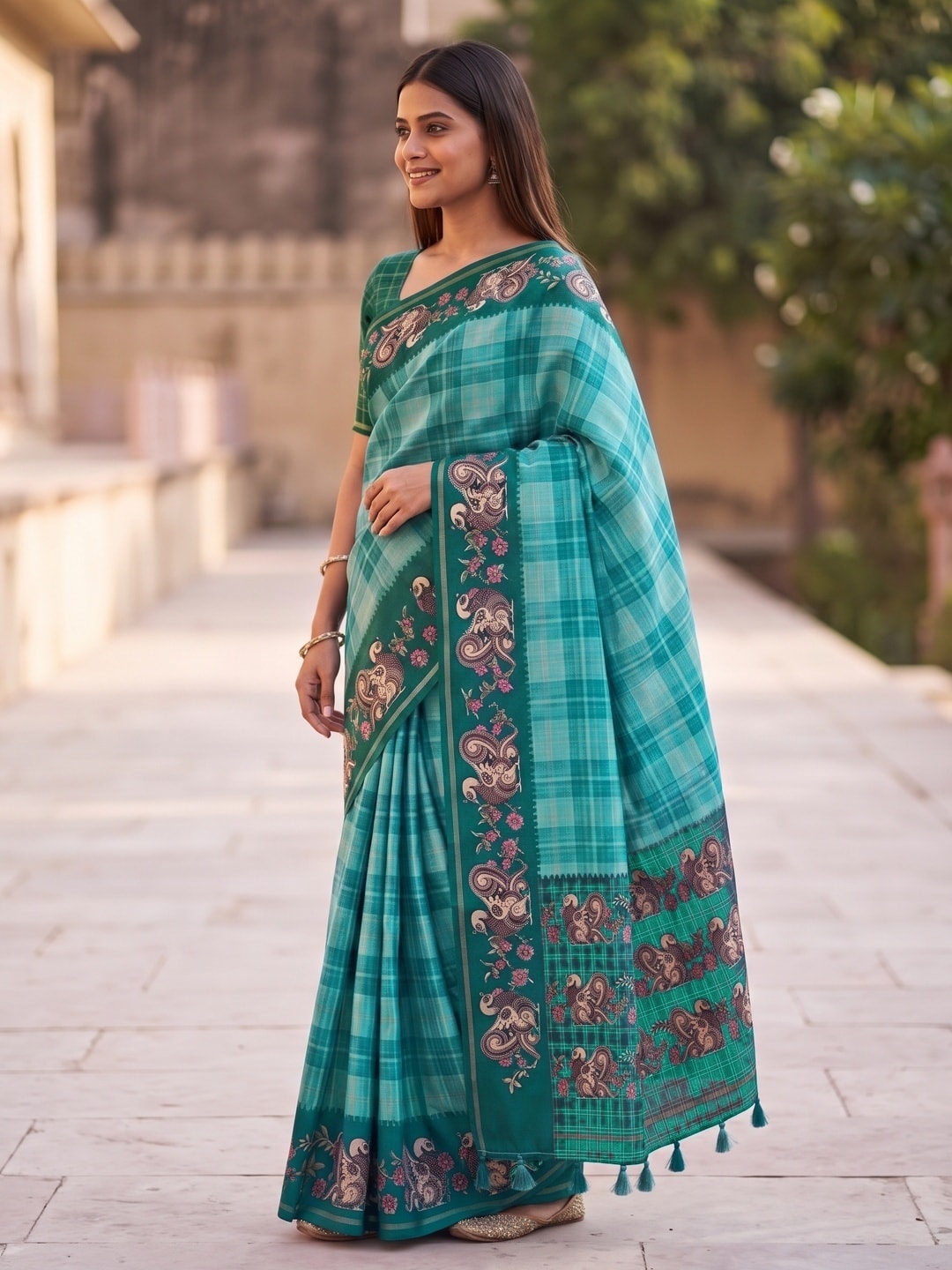 Peachmode Sea Green Kalamkari Peacock Border Check Tussar Saree With Tassels - Image 3