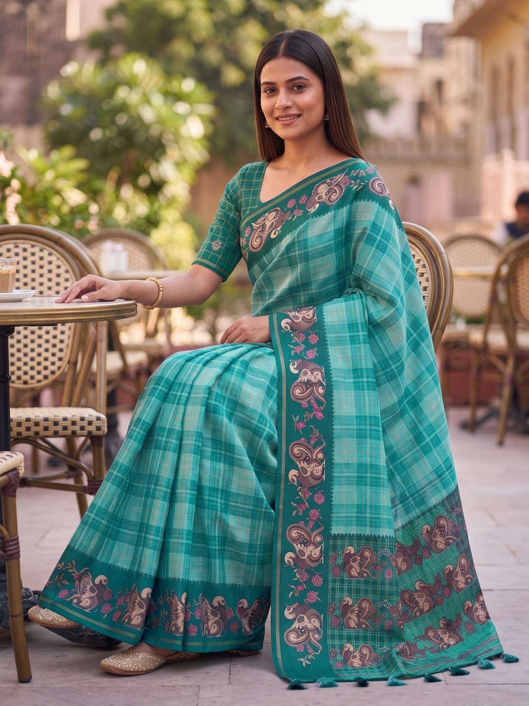 Peachmode Sea Green Kalamkari Peacock Border Check Tussar Saree With Tassels - Image 4