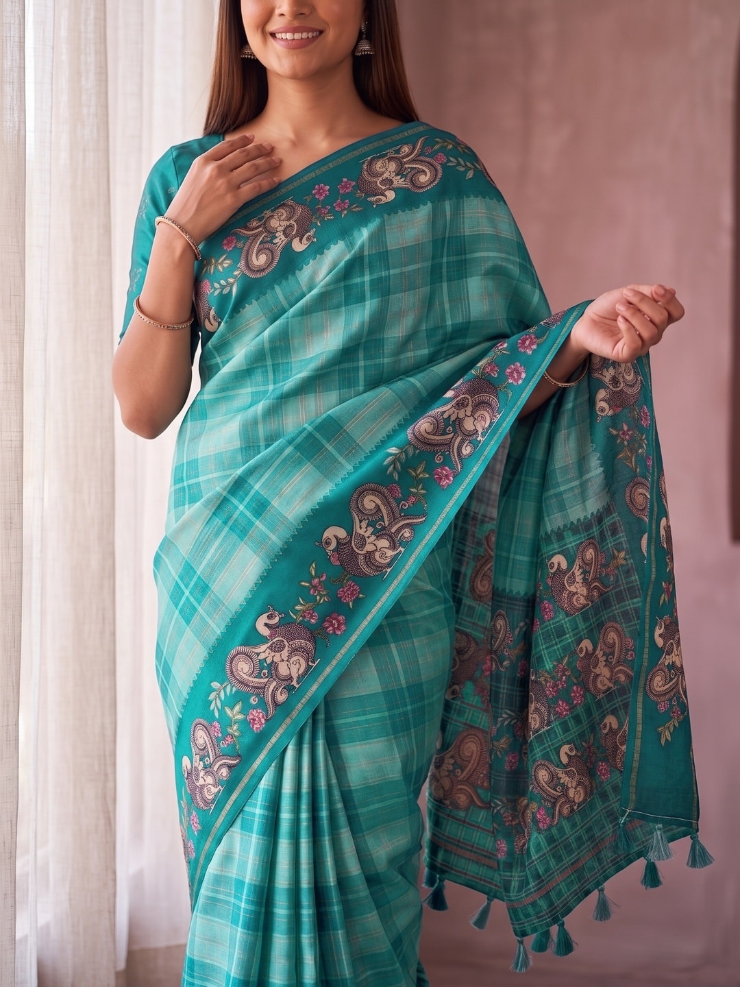 Peachmode Sea Green Kalamkari Peacock Border Check Tussar Saree With Tassels - Image 5