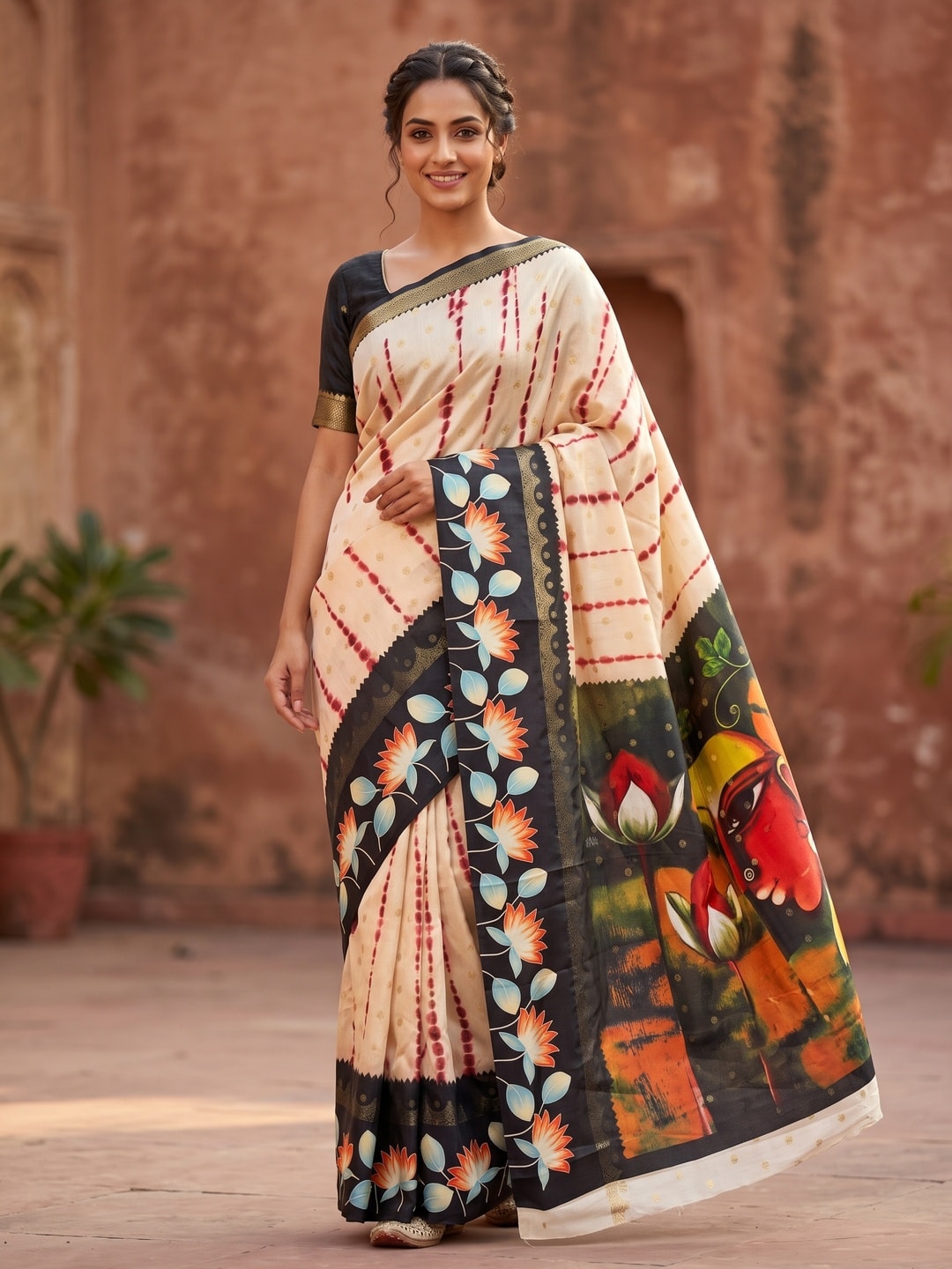 Peachmode Cream Soft Cotton Butti Zari Jacquard Saree With Satin Border And Kalamkari Lotus Print - Image 1