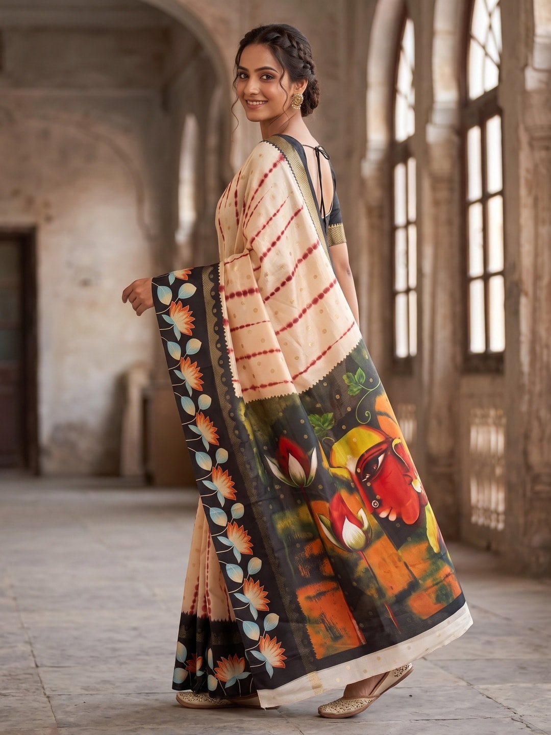 Peachmode Cream Soft Cotton Butti Zari Jacquard Saree With Satin Border And Kalamkari Lotus Print - Image 3