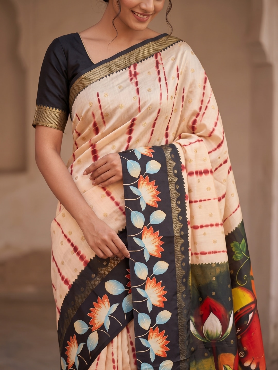 Peachmode Cream Soft Cotton Butti Zari Jacquard Saree With Satin Border And Kalamkari Lotus Print - Image 5