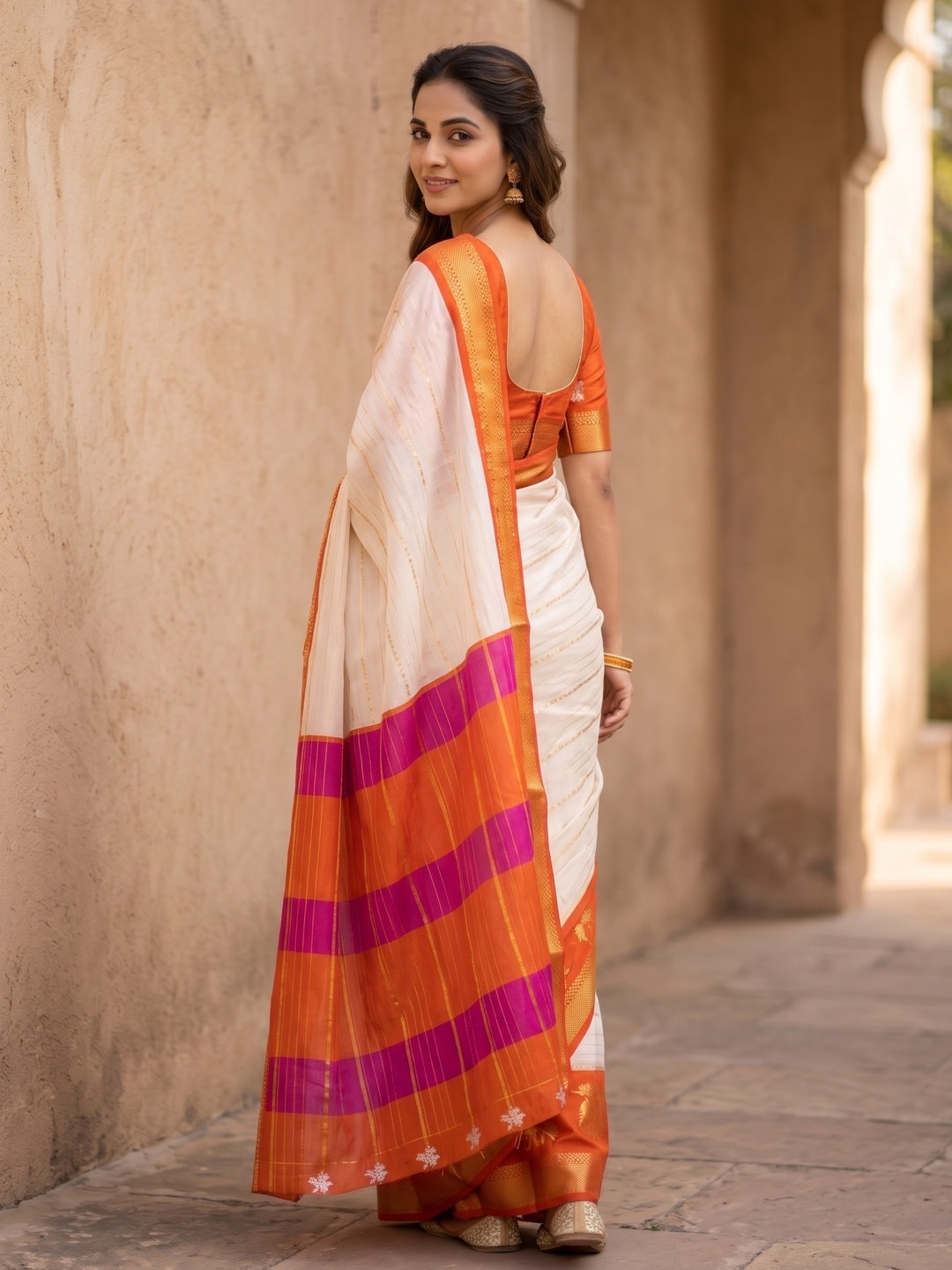 Peachmode Cream Soft Cotton Mangalsutra Weave Zari Jacquard Saree With Chap-Dyed Print Pallu - Image 2