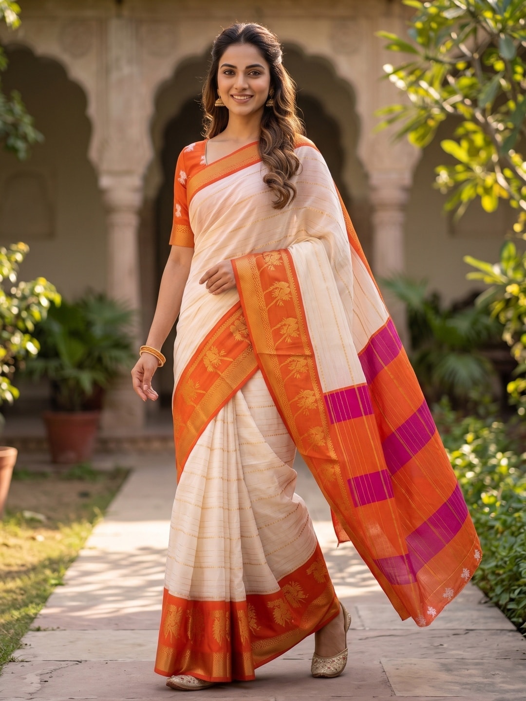 Peachmode Cream Soft Cotton Mangalsutra Weave Zari Jacquard Saree With Chap-Dyed Print Pallu - Image 4