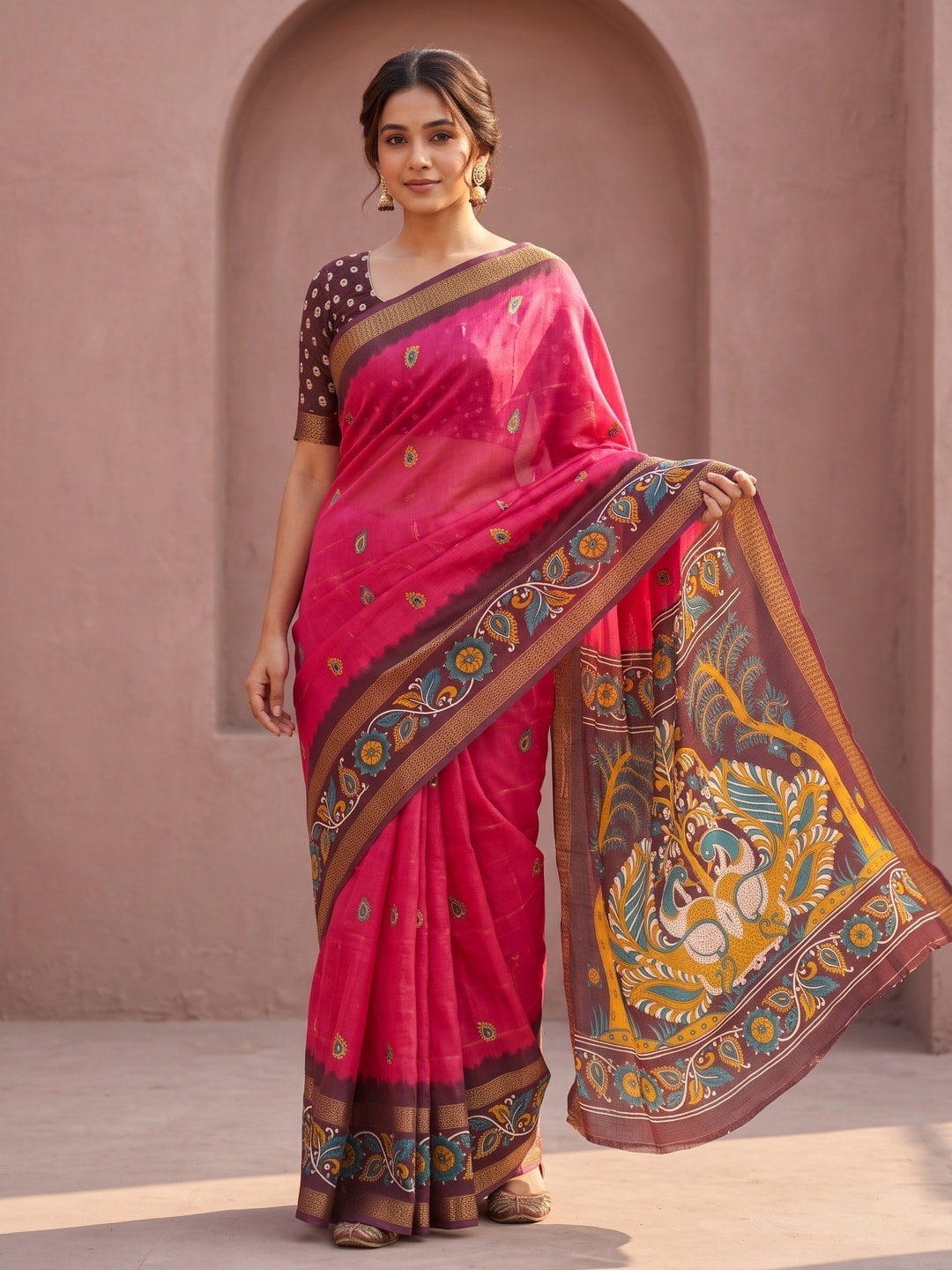 Peachmode Pink Soft Moss Georgette Saree With Bentex Zari Jacquard Border And Kalamkari Peacock Pallu - Image 1