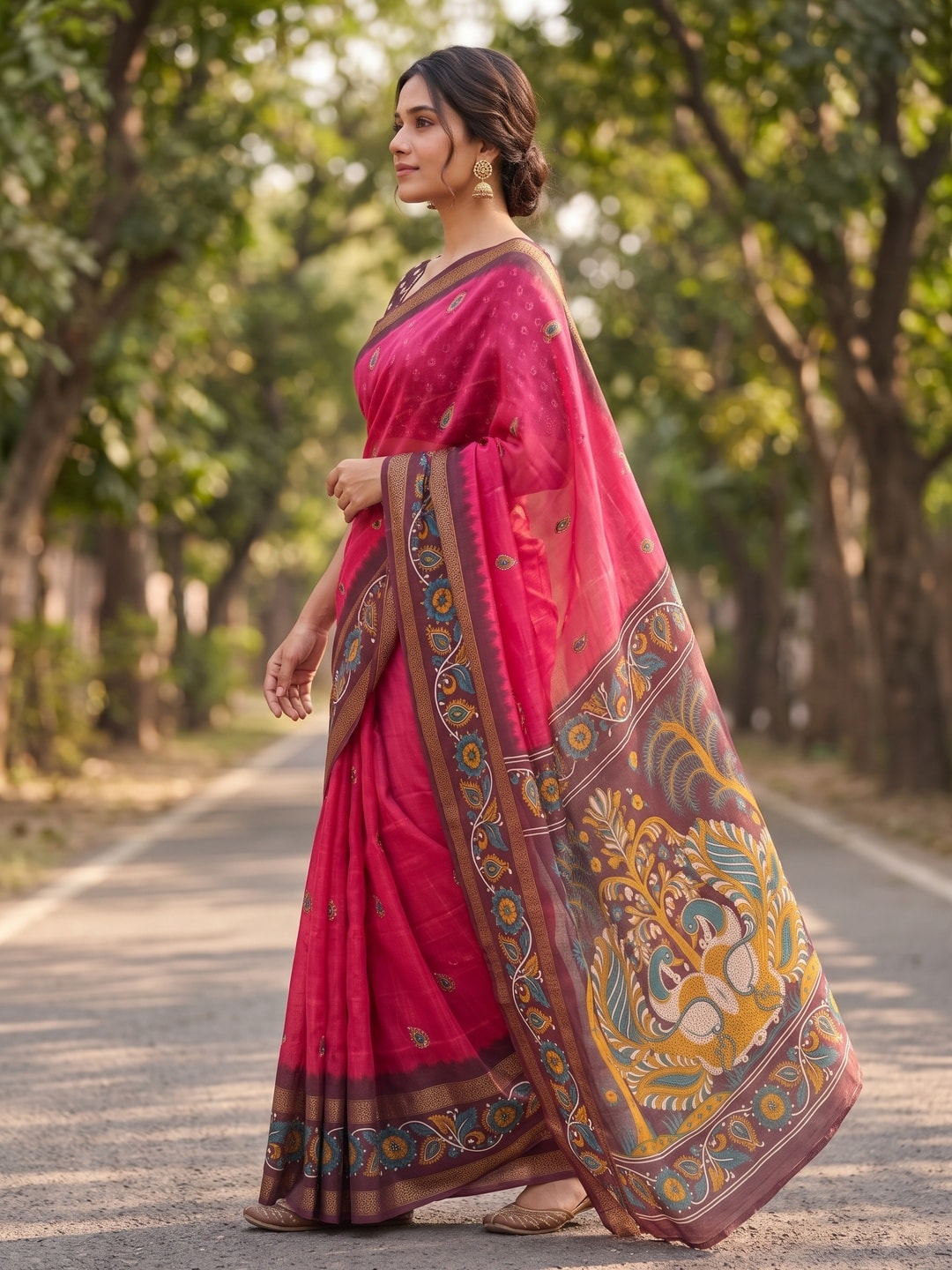 Peachmode Pink Soft Moss Georgette Saree With Bentex Zari Jacquard Border And Kalamkari Peacock Pallu - Image 3