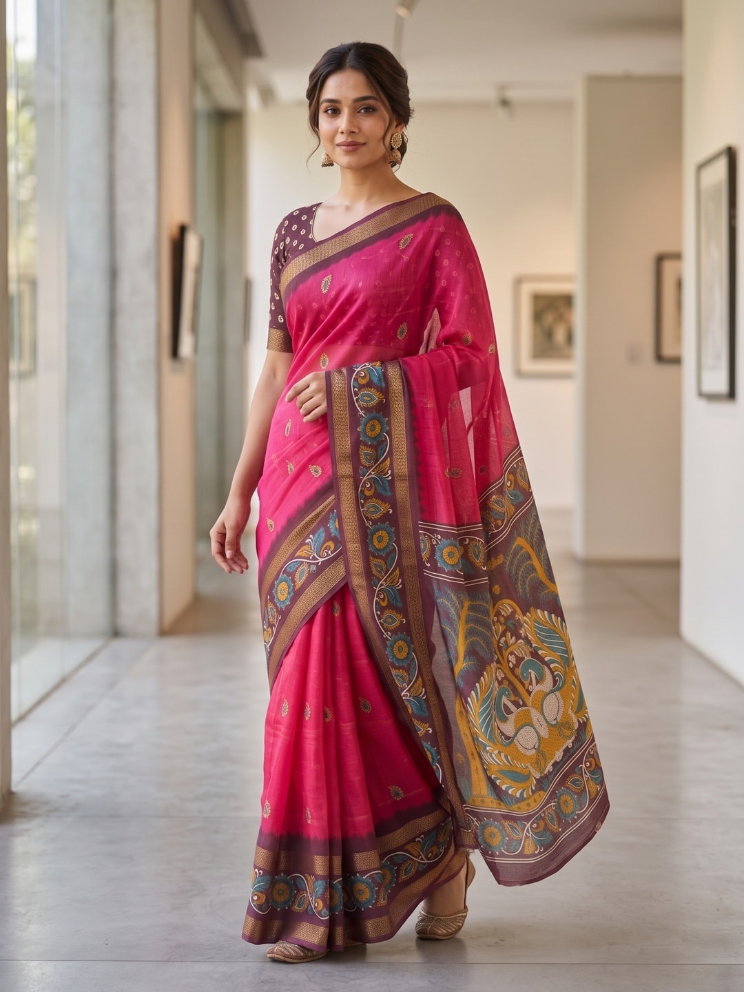 Peachmode Pink Soft Moss Georgette Saree With Bentex Zari Jacquard Border And Kalamkari Peacock Pallu - Image 4