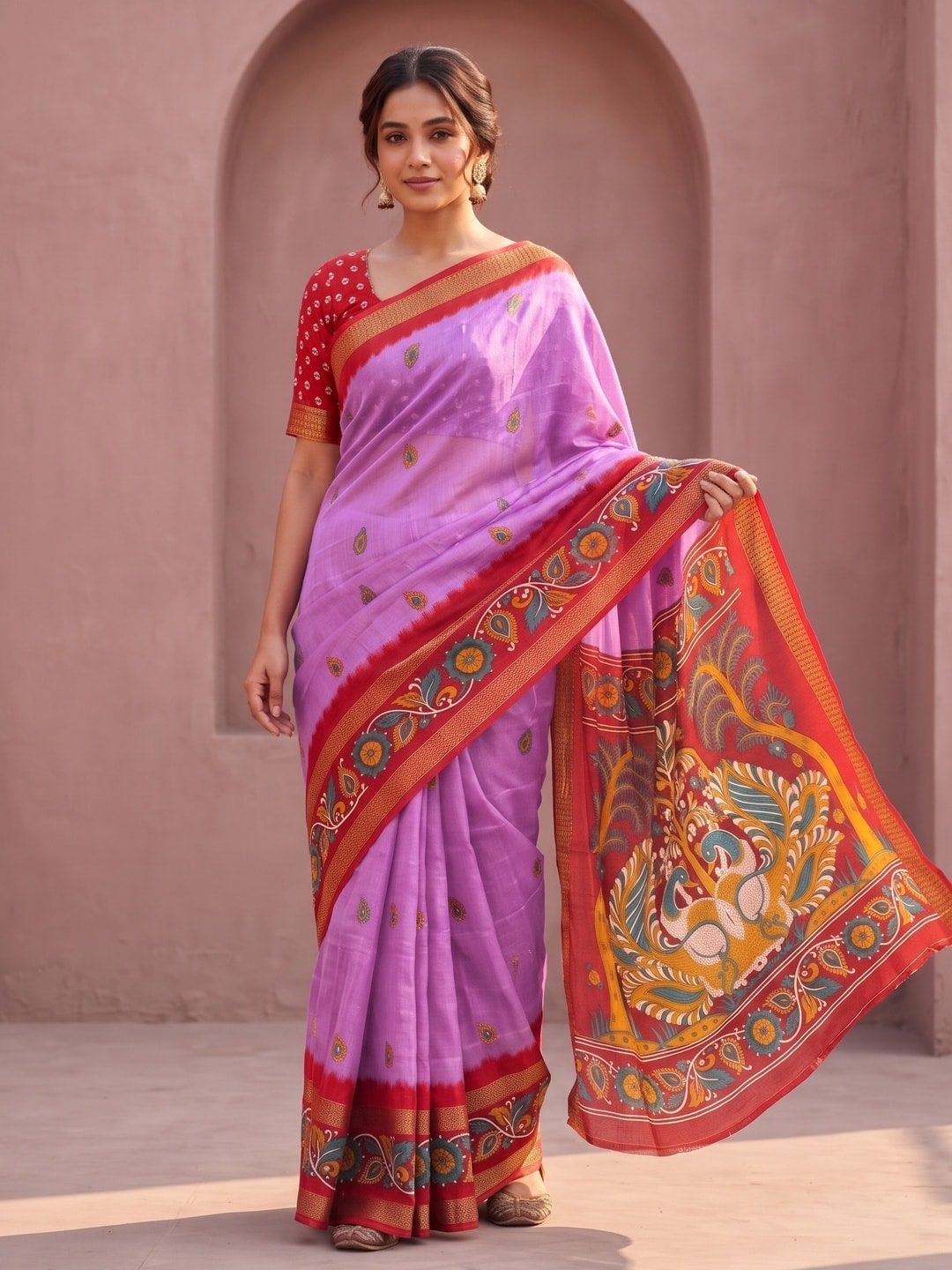 Peachmode Lilac Soft Moss Georgette Saree With Bentex Zari Jacquard Border And Kalamkari Peacock Pallu - Image 1