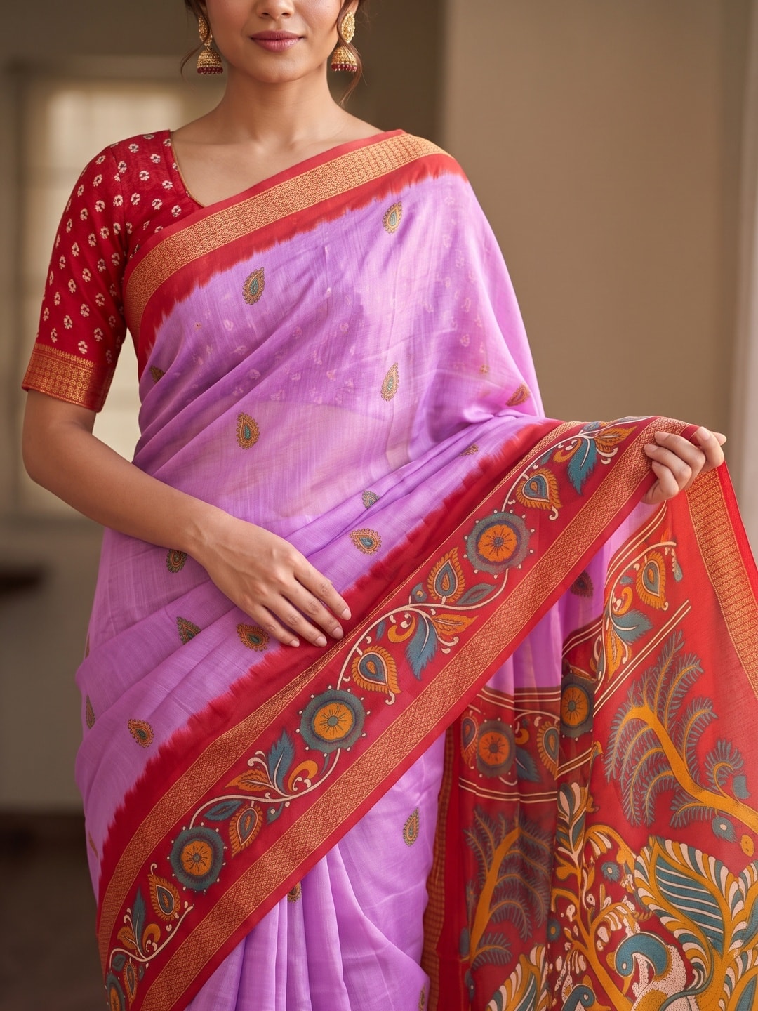 Peachmode Lilac Soft Moss Georgette Saree With Bentex Zari Jacquard Border And Kalamkari Peacock Pallu - Image 5