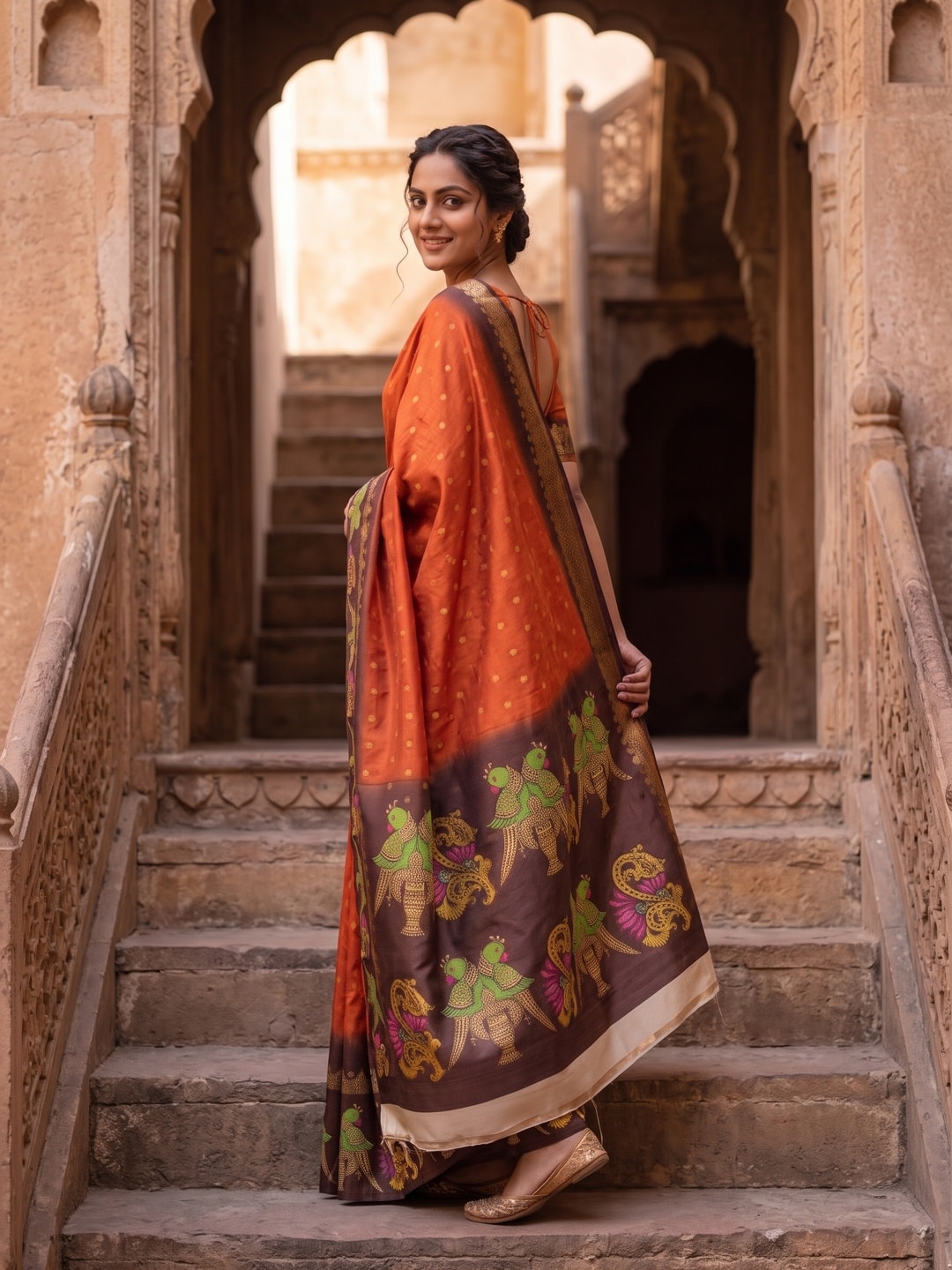 Peachmode Orange Soft Cotton Butti Zari Jacquard Saree With Satin Border And Kalamkari Parrot Print - Image 2