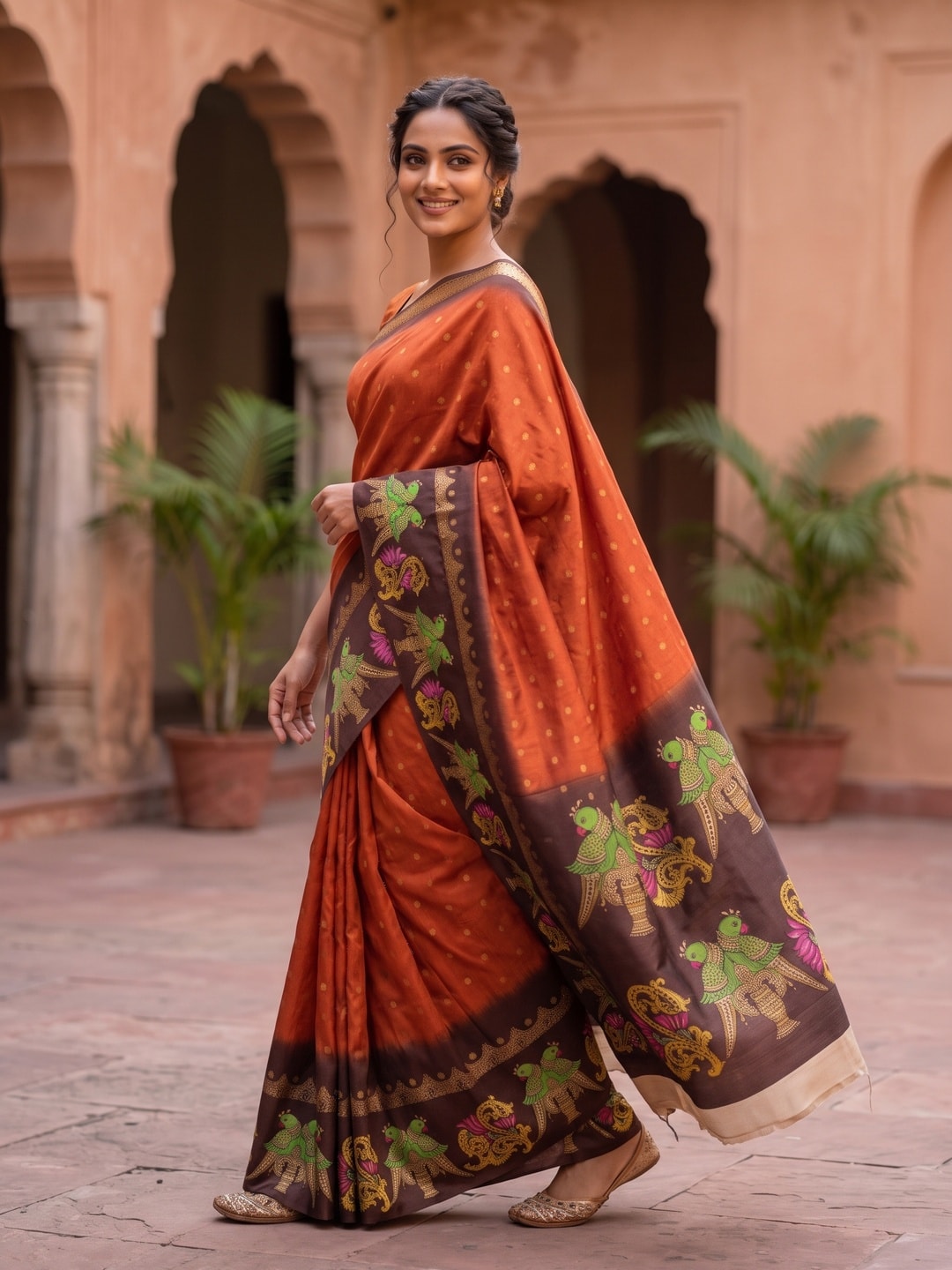 Peachmode Orange Soft Cotton Butti Zari Jacquard Saree With Satin Border And Kalamkari Parrot Print - Image 3