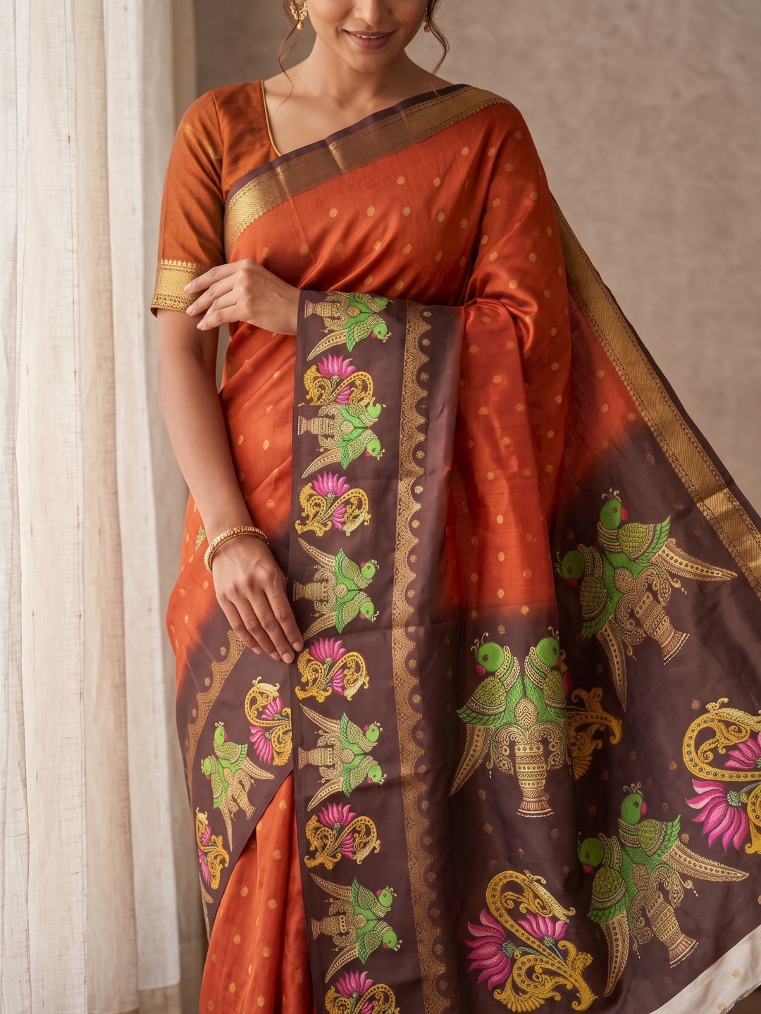 Peachmode Orange Soft Cotton Butti Zari Jacquard Saree With Satin Border And Kalamkari Parrot Print - Image 5