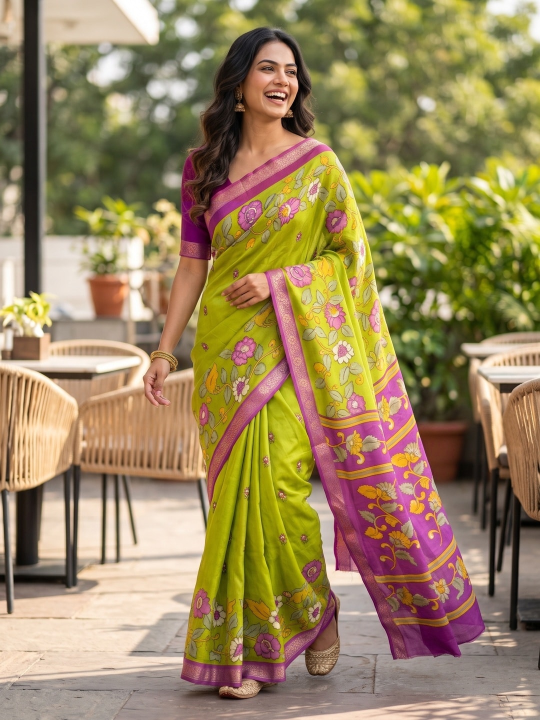 Peachmode Lime Soft Moss Georgette Kasab Zari Jacquard Saree With Silky Floral Design - Image 4