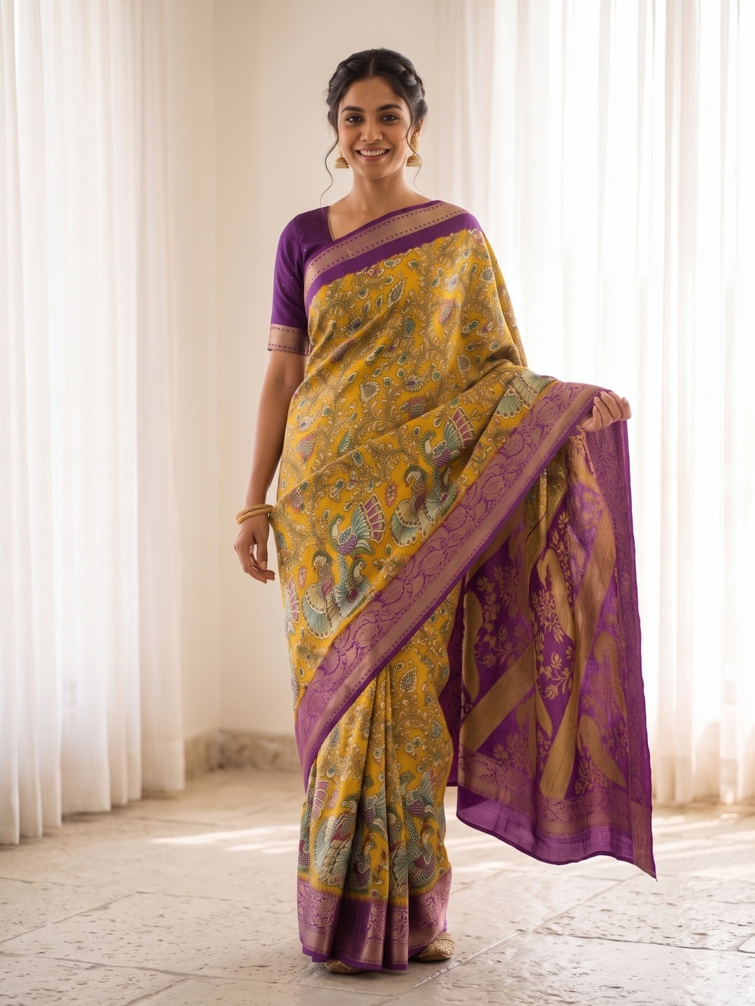 Peachmode Mustard Soft Cotton Zari Jacquard Saree With Kalamkari Print - Image 1