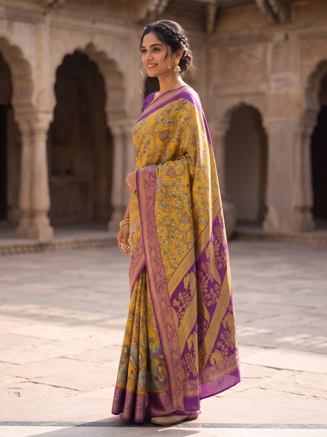 Peachmode Mustard Soft Cotton Zari Jacquard Saree With Kalamkari Print - Image 3