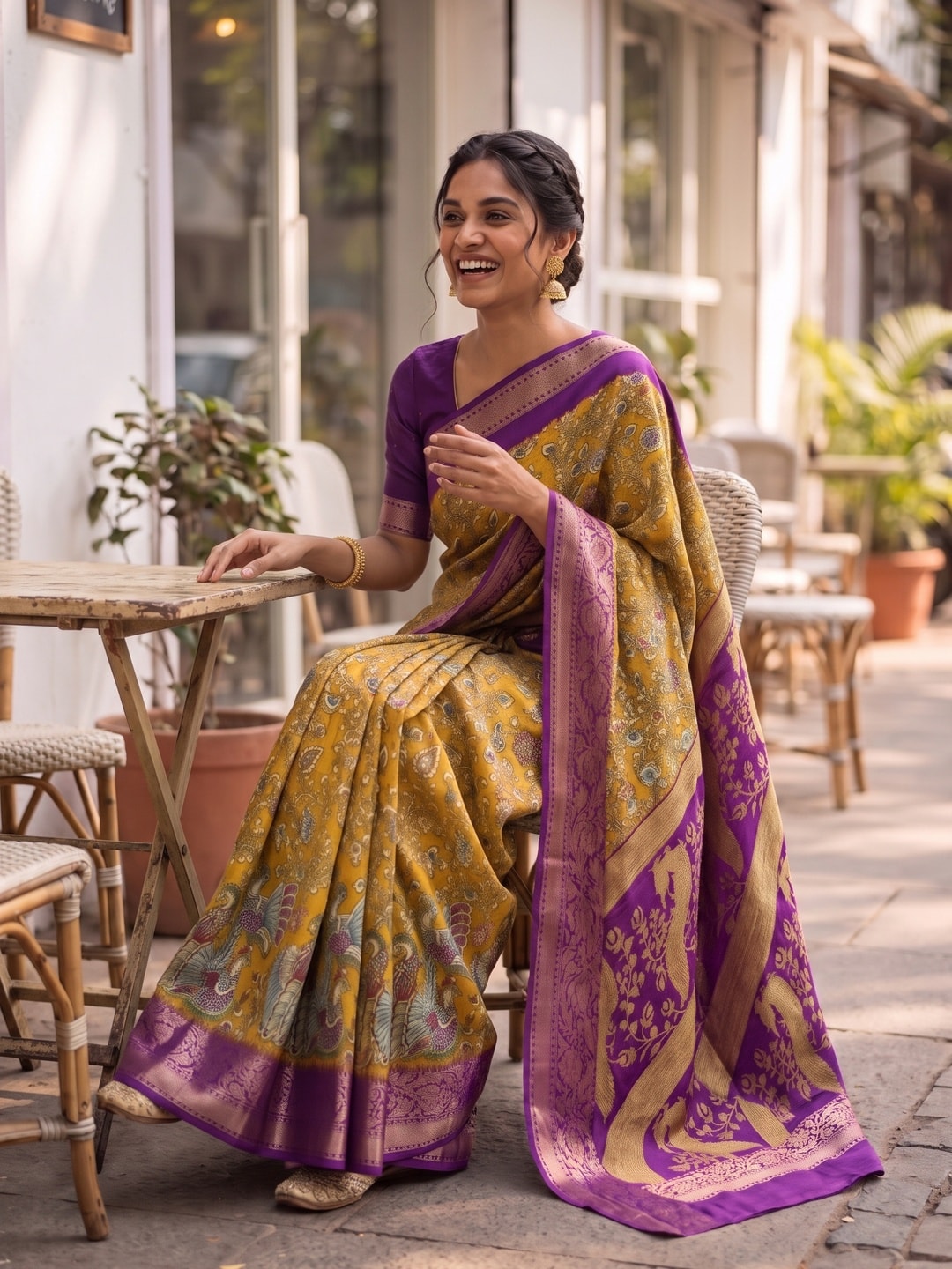 Peachmode Mustard Soft Cotton Zari Jacquard Saree With Kalamkari Print - Image 4