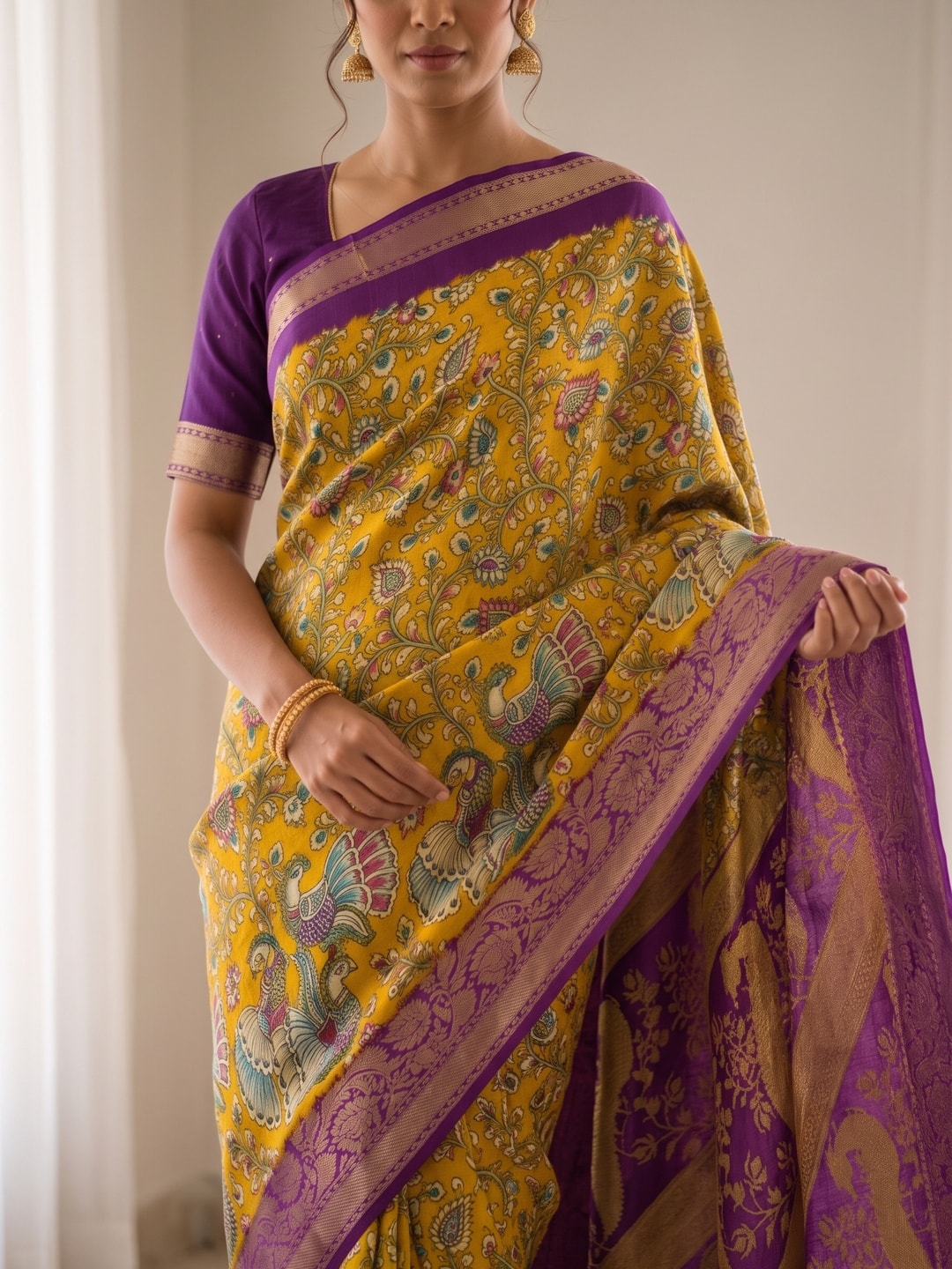 Peachmode Mustard Soft Cotton Zari Jacquard Saree With Kalamkari Print - Image 5