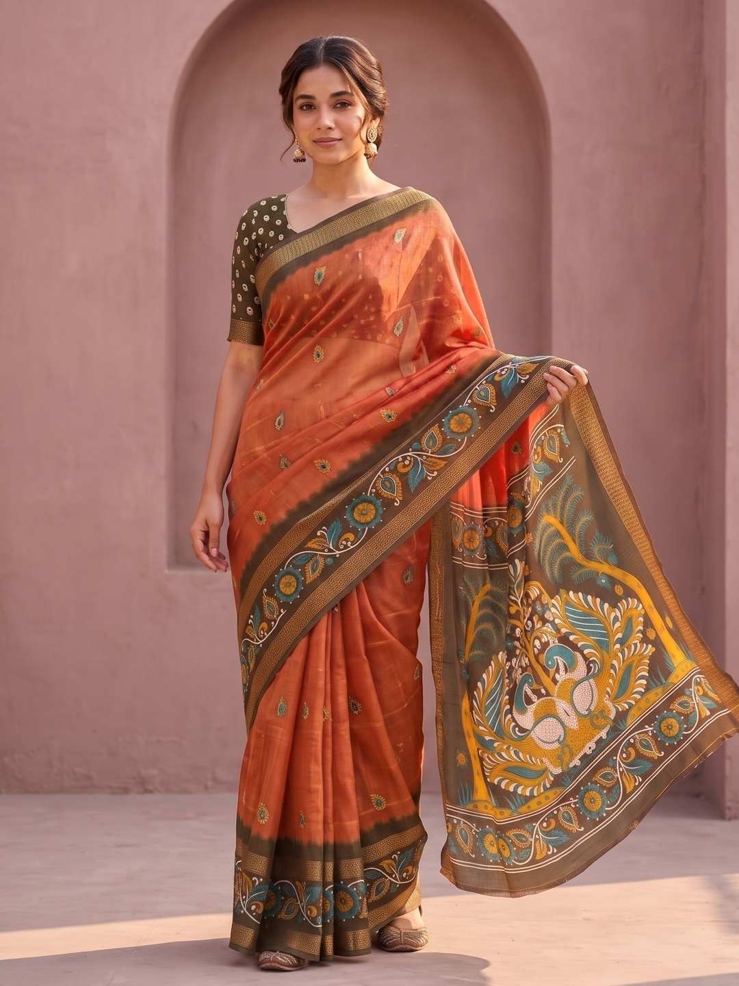 Peachmode Orange Soft Moss Georgette Saree With Bentex Zari Jacquard Border And Kalamkari Peacock Pallu - Image 1