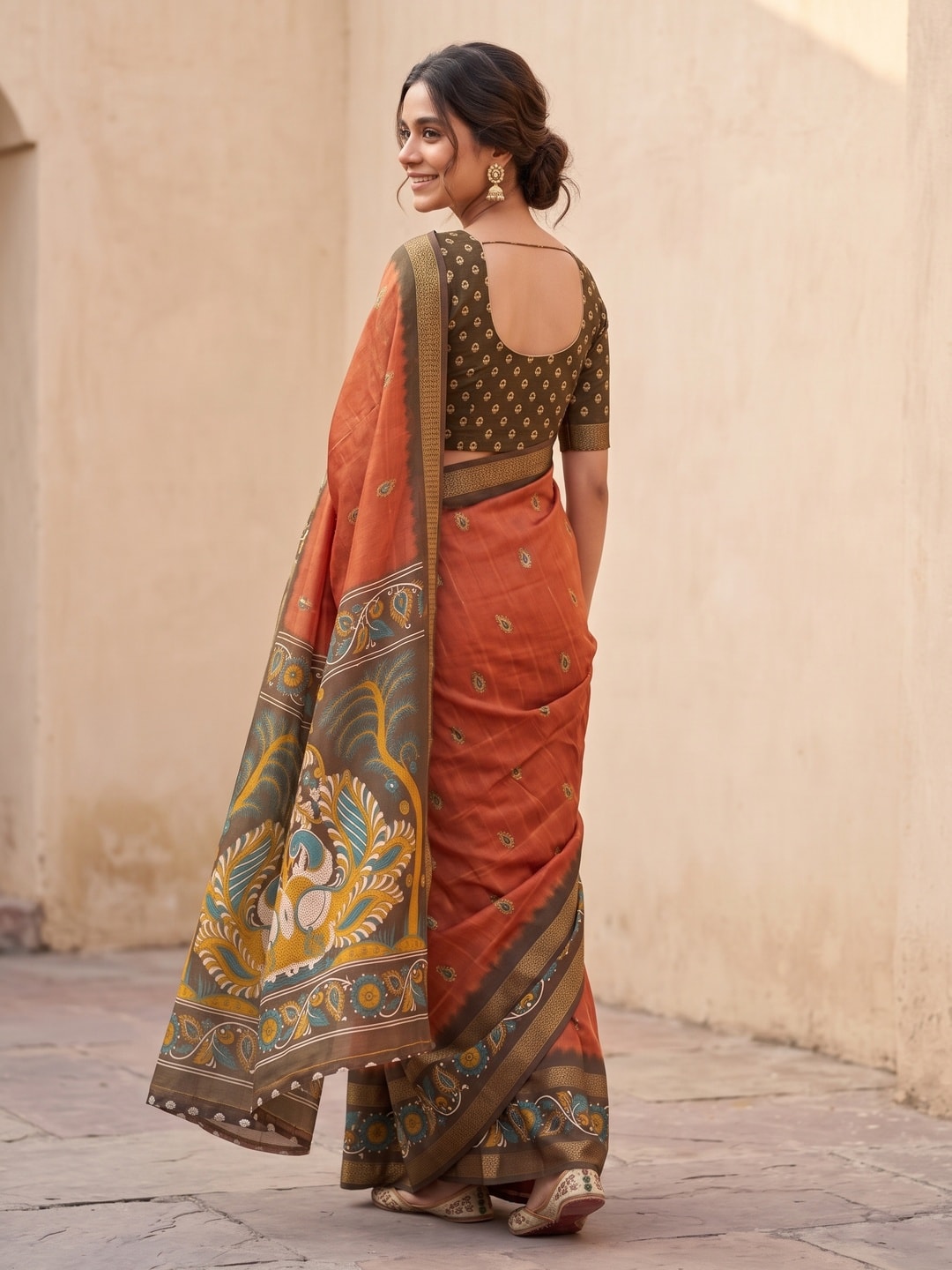 Peachmode Orange Soft Moss Georgette Saree With Bentex Zari Jacquard Border And Kalamkari Peacock Pallu - Image 2
