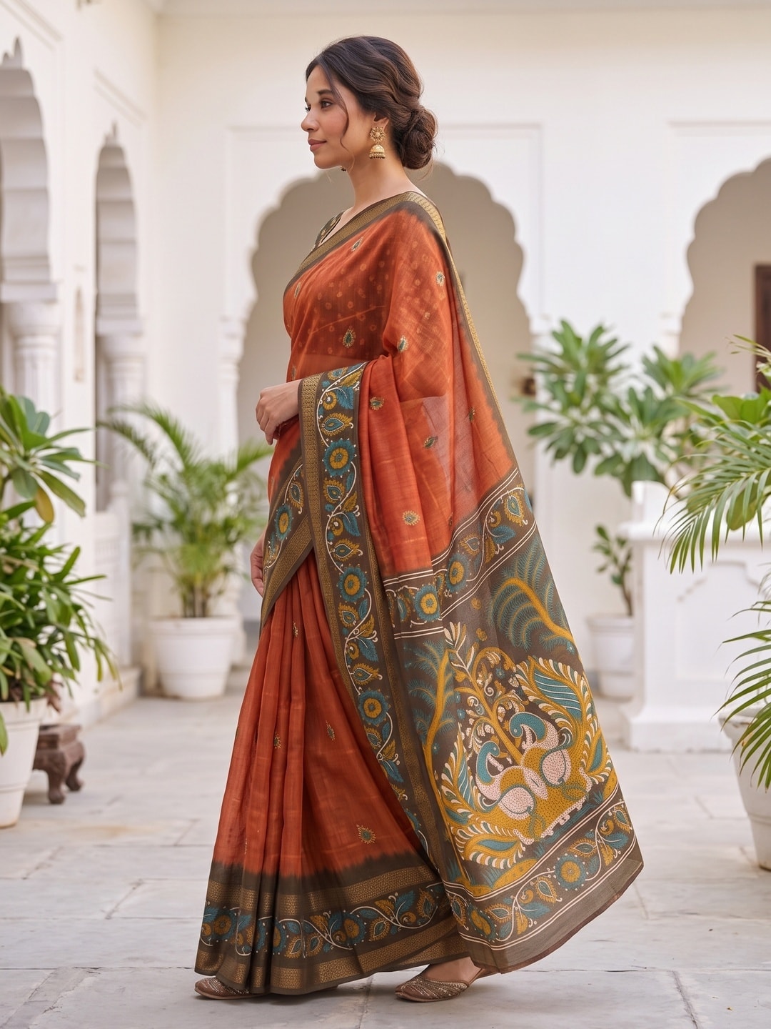Peachmode Orange Soft Moss Georgette Saree With Bentex Zari Jacquard Border And Kalamkari Peacock Pallu - Image 3