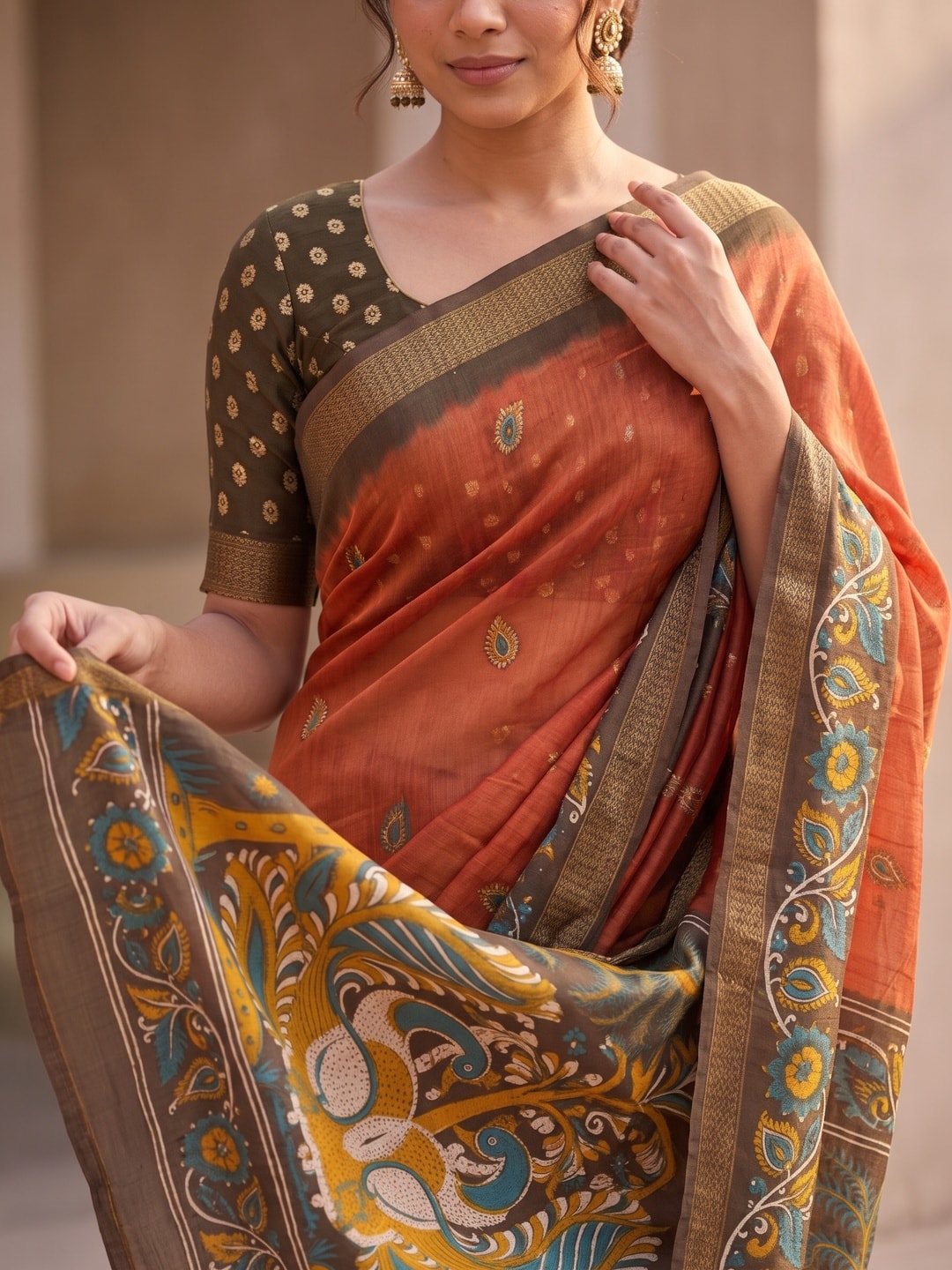 Peachmode Orange Soft Moss Georgette Saree With Bentex Zari Jacquard Border And Kalamkari Peacock Pallu - Image 5