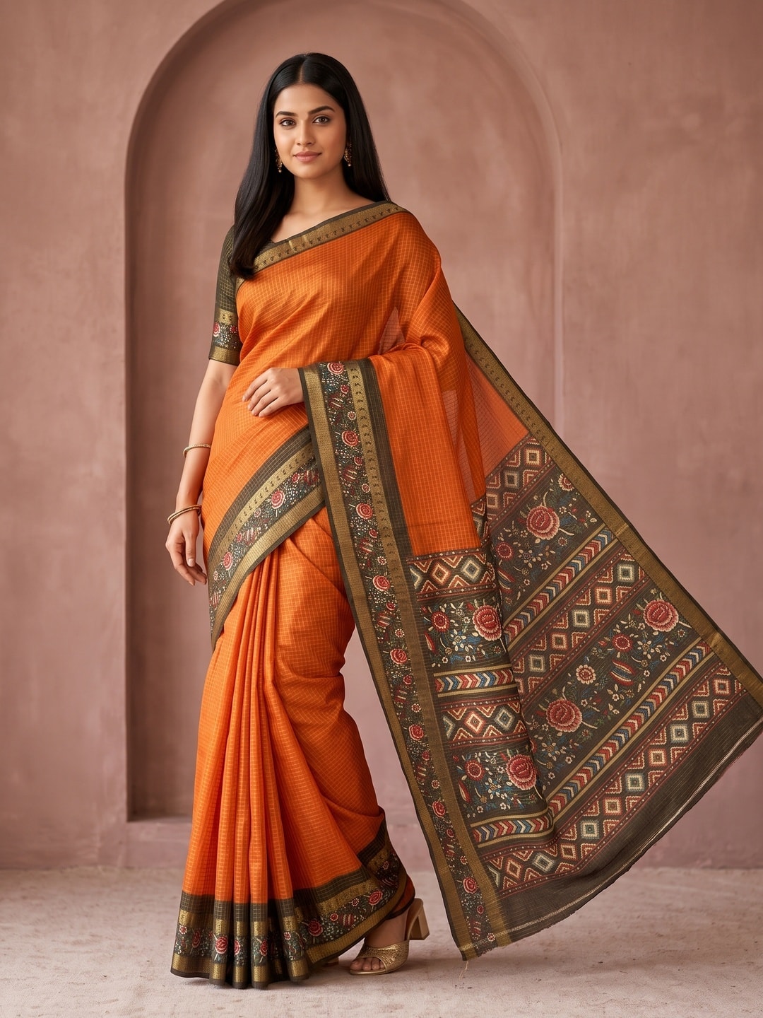 Peachmode Orange Soft Cotton Bentex Chex Zari Jacquard Saree With Embroidery-Style Print Pallu - Image 1