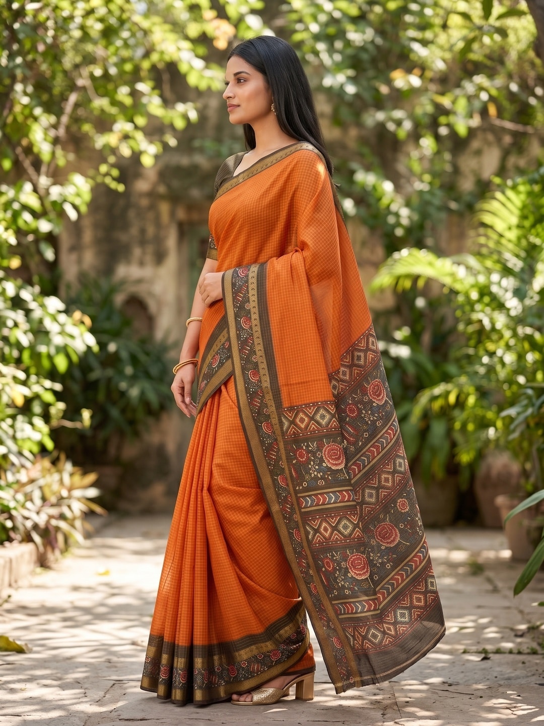 Peachmode Orange Soft Cotton Bentex Chex Zari Jacquard Saree With Embroidery-Style Print Pallu - Image 3