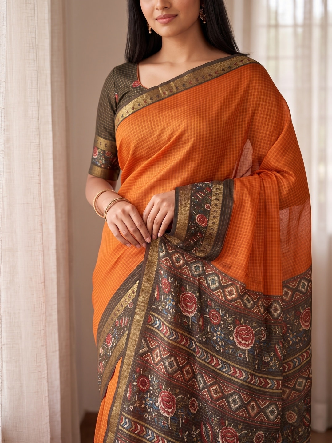 Peachmode Orange Soft Cotton Bentex Chex Zari Jacquard Saree With Embroidery-Style Print Pallu - Image 5