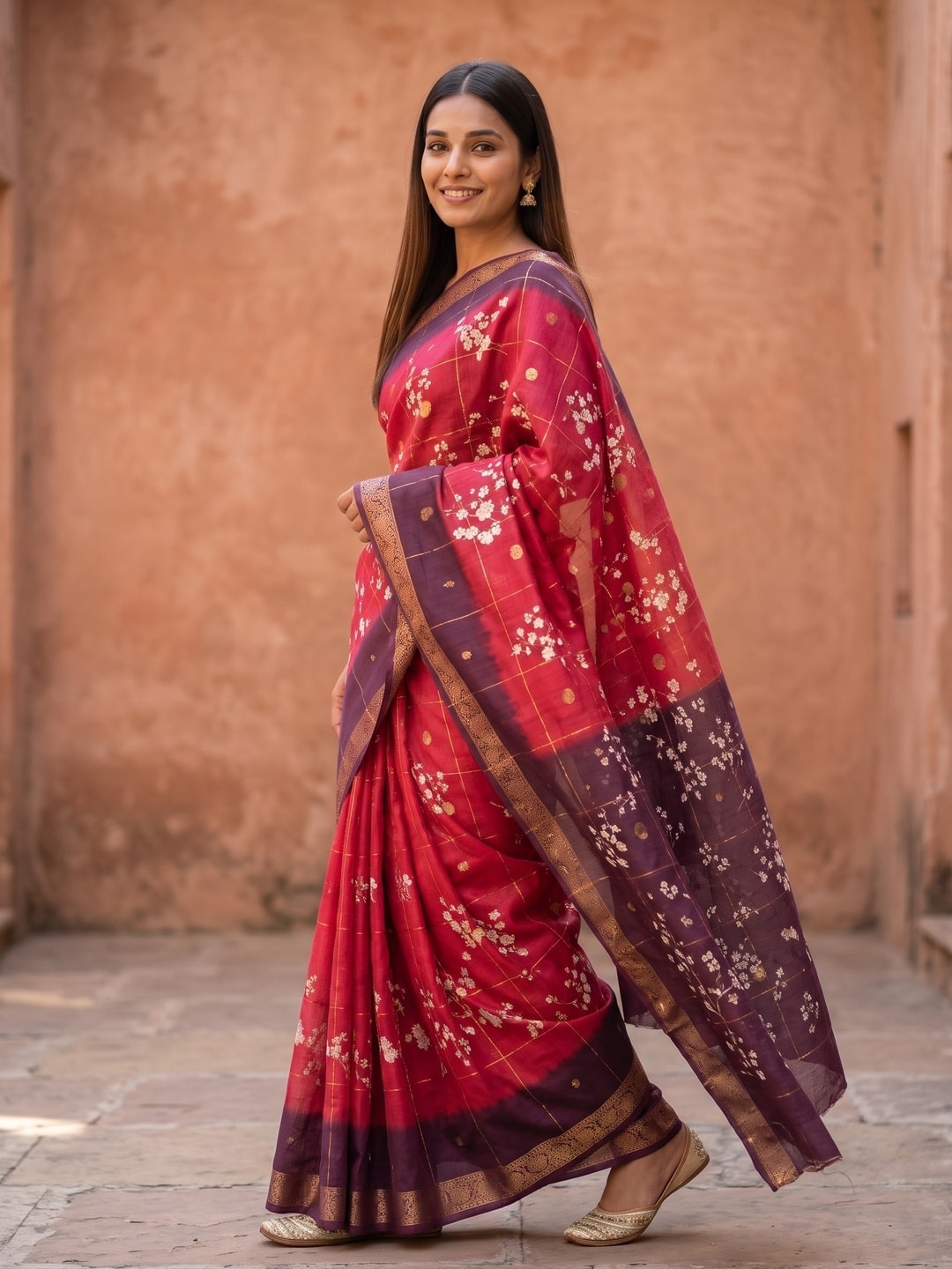 Peachmode Red Soft Cotton Chex Butti Zari Jacquard Saree With Silky Floral Print - Image 3
