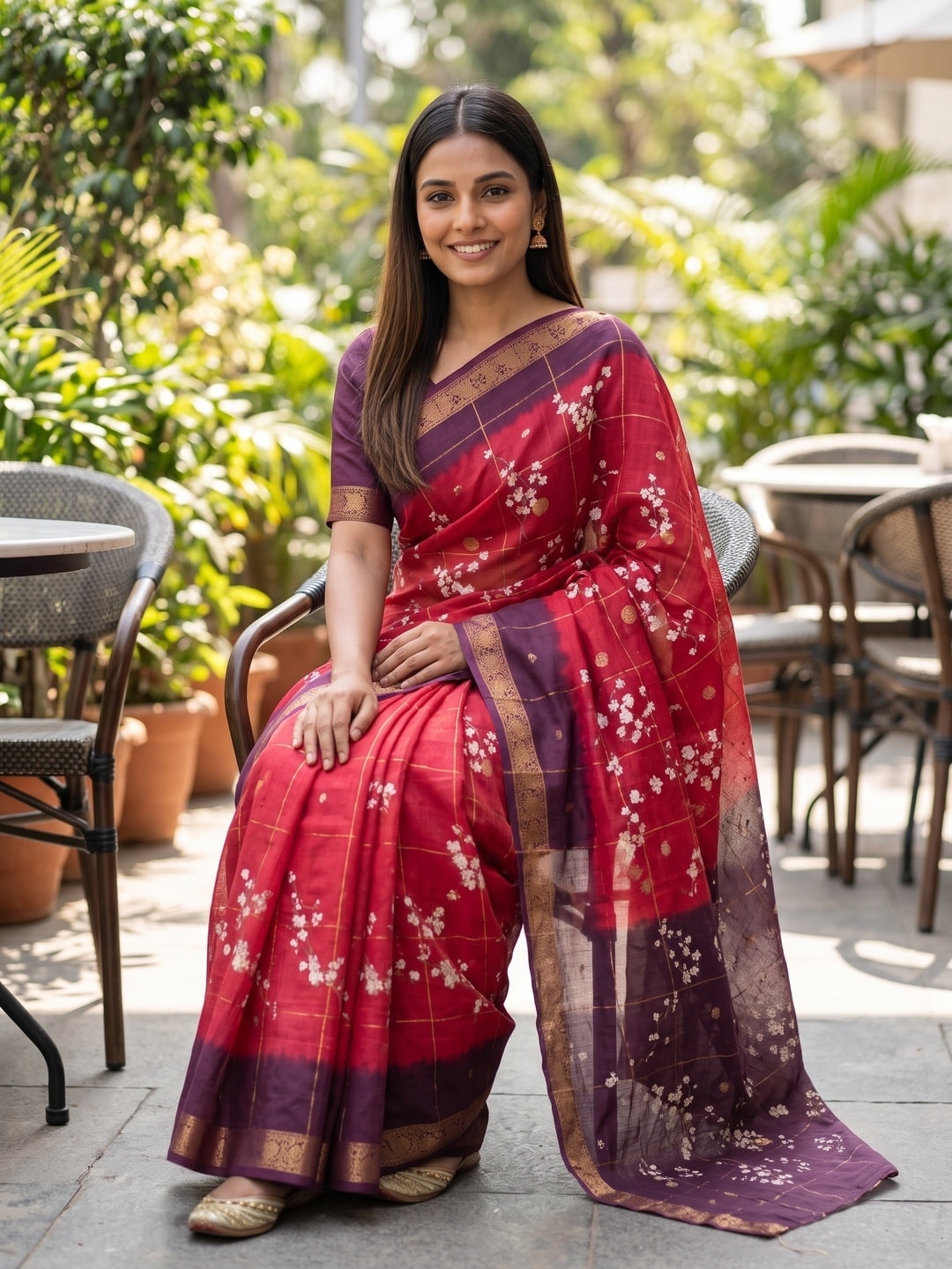 Peachmode Red Soft Cotton Chex Butti Zari Jacquard Saree With Silky Floral Print - Image 4