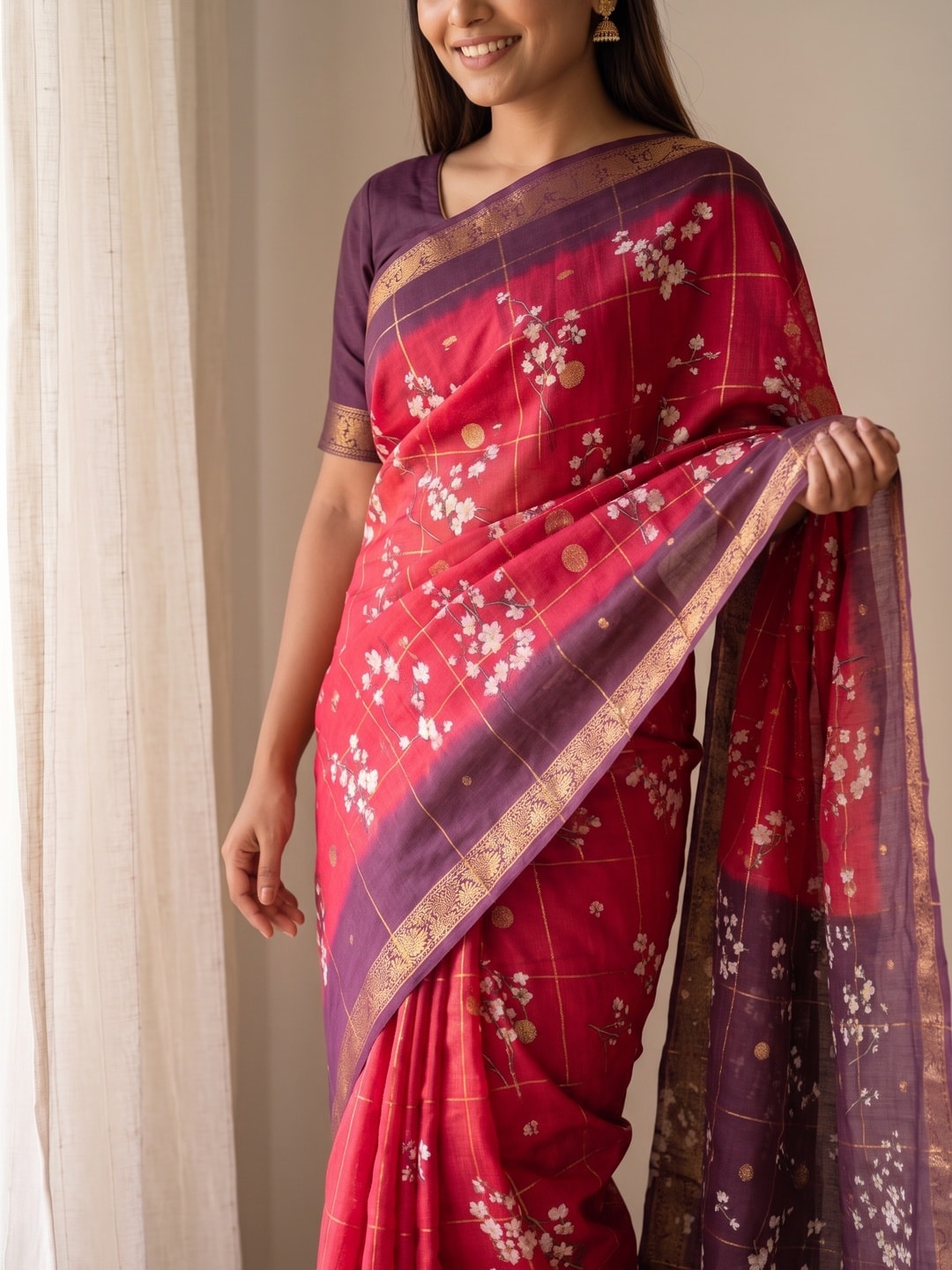 Peachmode Red Soft Cotton Chex Butti Zari Jacquard Saree With Silky Floral Print - Image 5