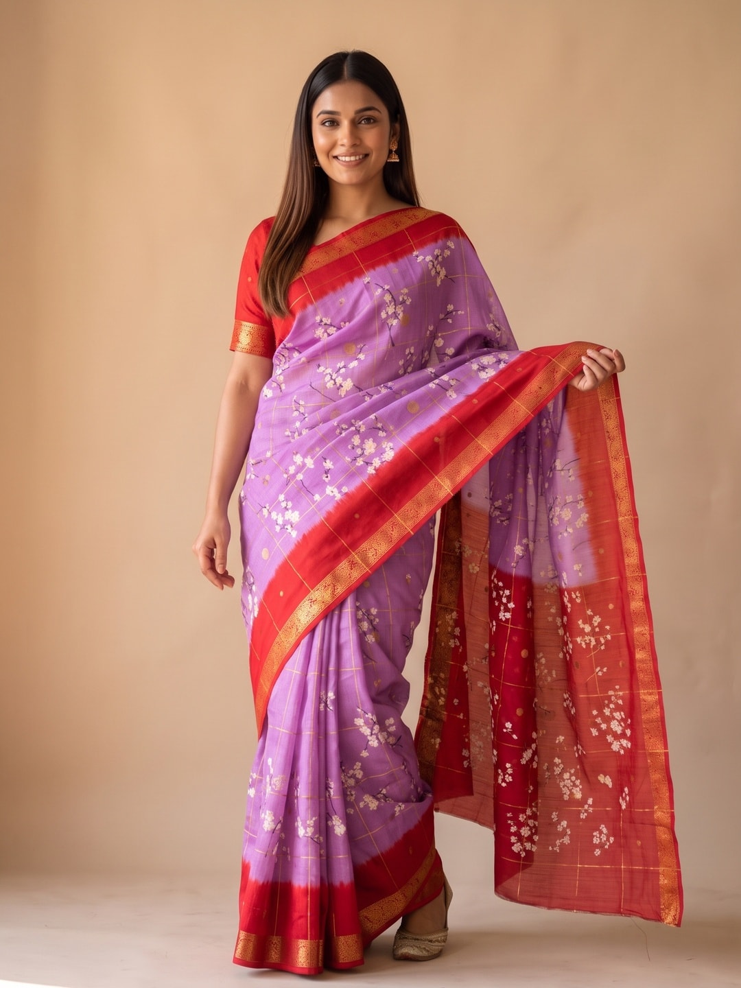 Peachmode Lilac Soft Cotton Chex Butti Zari Jacquard Saree With Silky Floral Print - Image 1