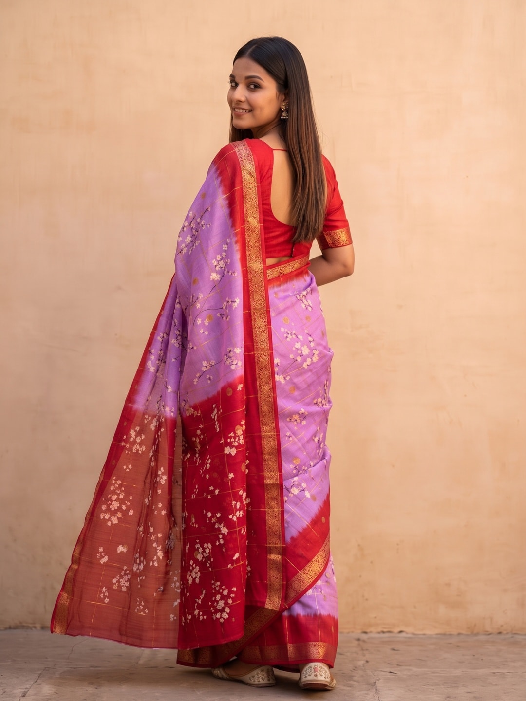 Peachmode Lilac Soft Cotton Chex Butti Zari Jacquard Saree With Silky Floral Print - Image 2