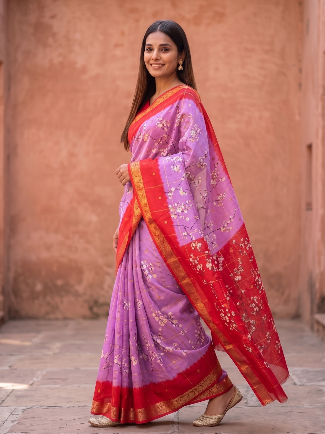 Peachmode Lilac Soft Cotton Chex Butti Zari Jacquard Saree With Silky Floral Print - Image 3