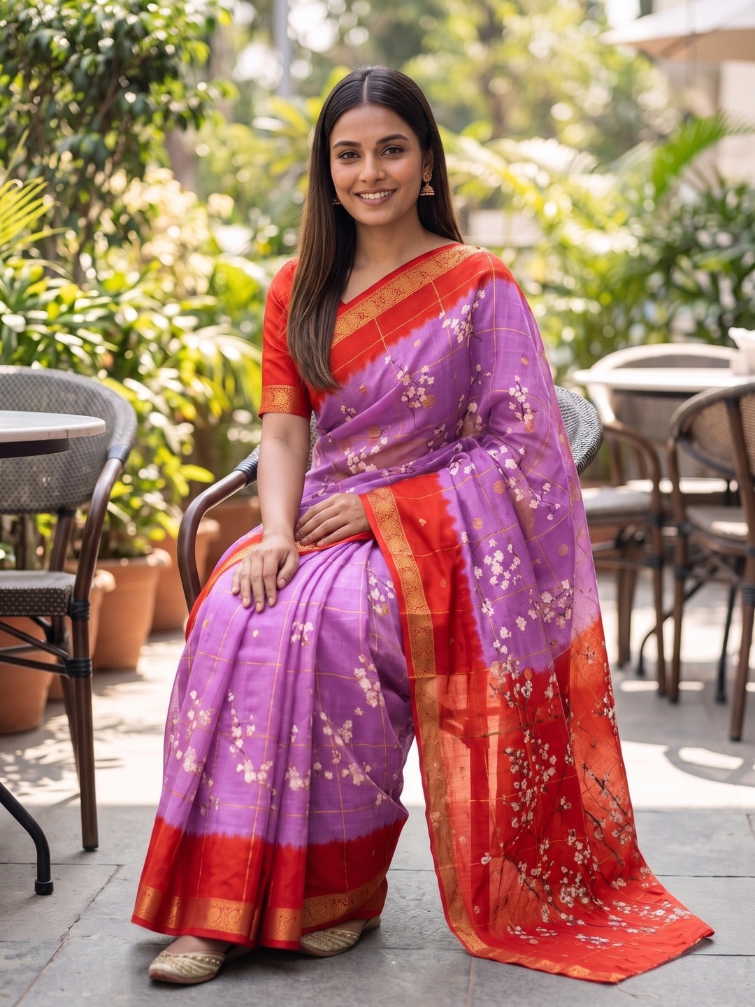 Peachmode Lilac Soft Cotton Chex Butti Zari Jacquard Saree With Silky Floral Print - Image 4