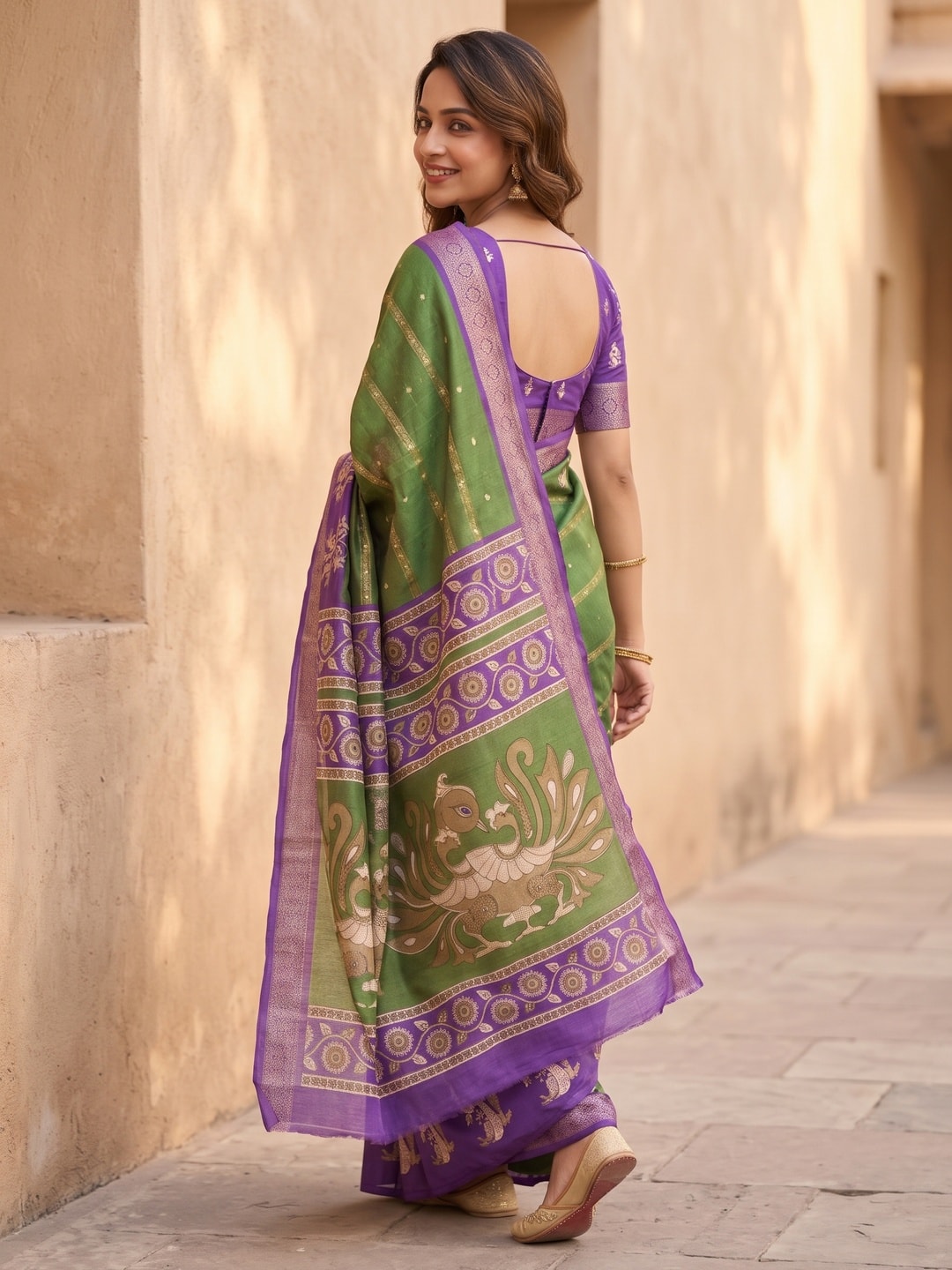Peachmode Green Soft Cotton Bentex Zari Jacquard Saree With Kalamkari Peacock Design - Image 2