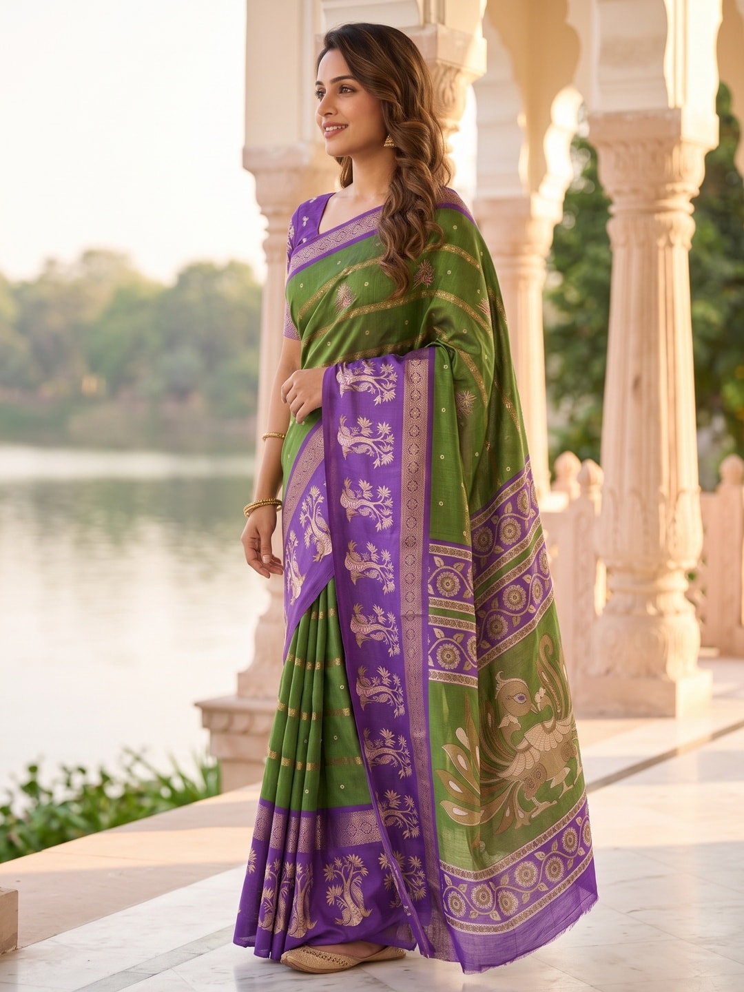 Peachmode Green Soft Cotton Bentex Zari Jacquard Saree With Kalamkari Peacock Design - Image 3