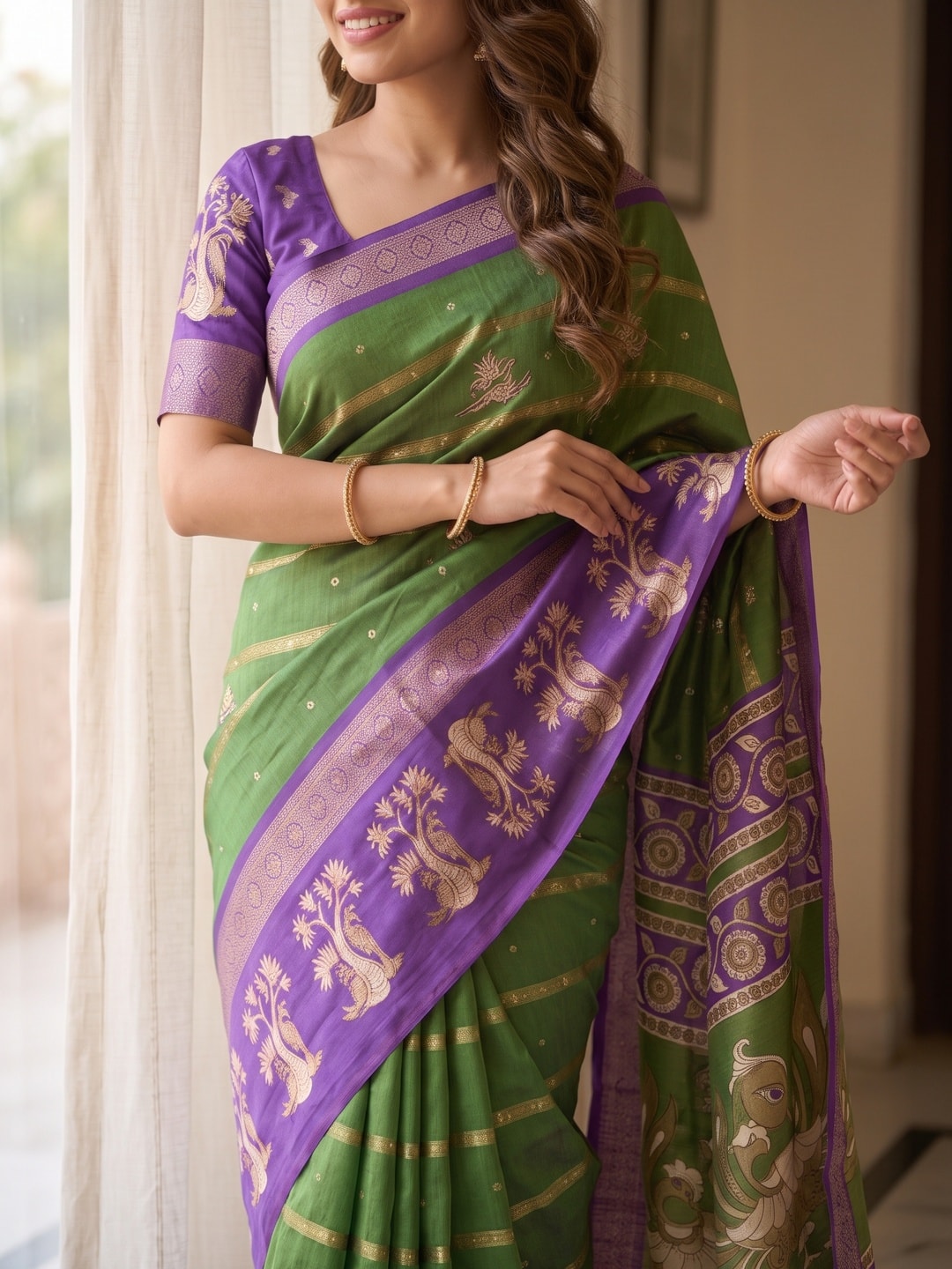 Peachmode Green Soft Cotton Bentex Zari Jacquard Saree With Kalamkari Peacock Design - Image 5
