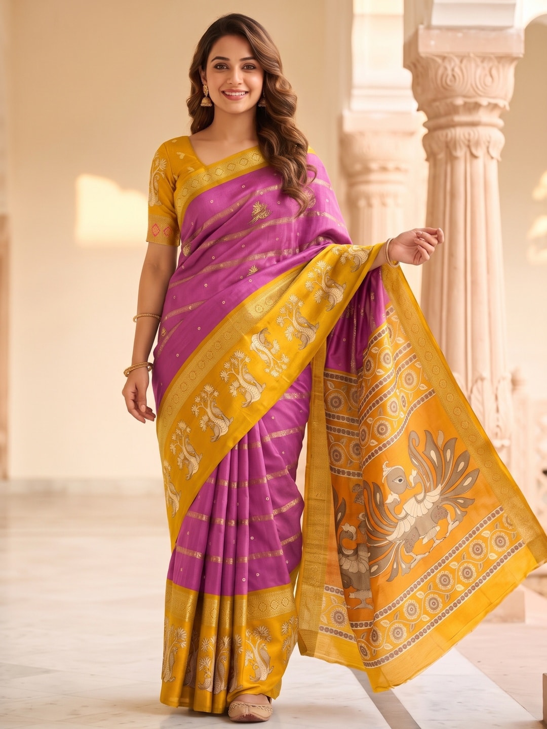 Peachmode Pink Soft Cotton Bentex Zari Jacquard Saree With Kalamkari Peacock Design - Image 1