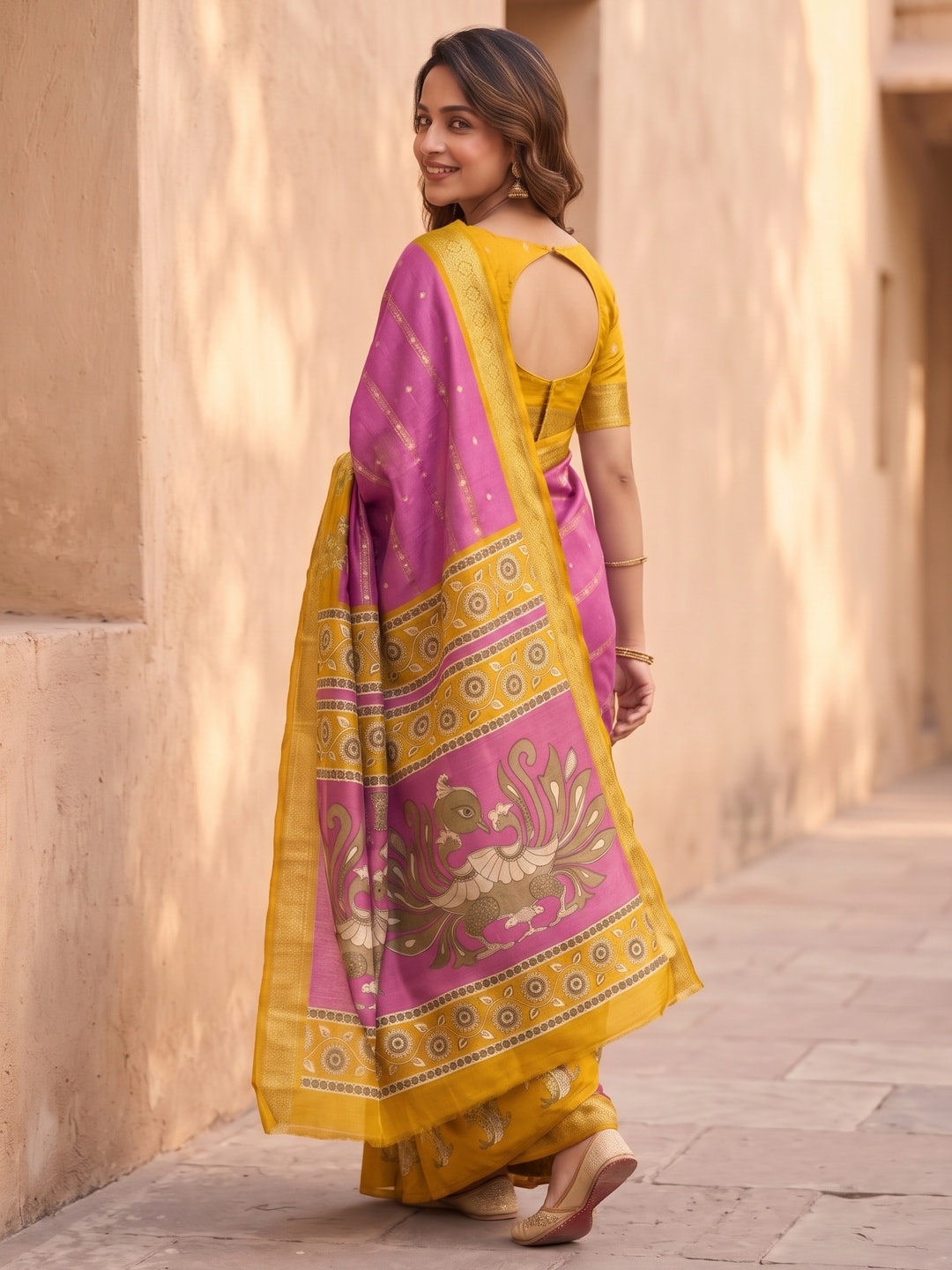 Peachmode Pink Soft Cotton Bentex Zari Jacquard Saree With Kalamkari Peacock Design - Image 2