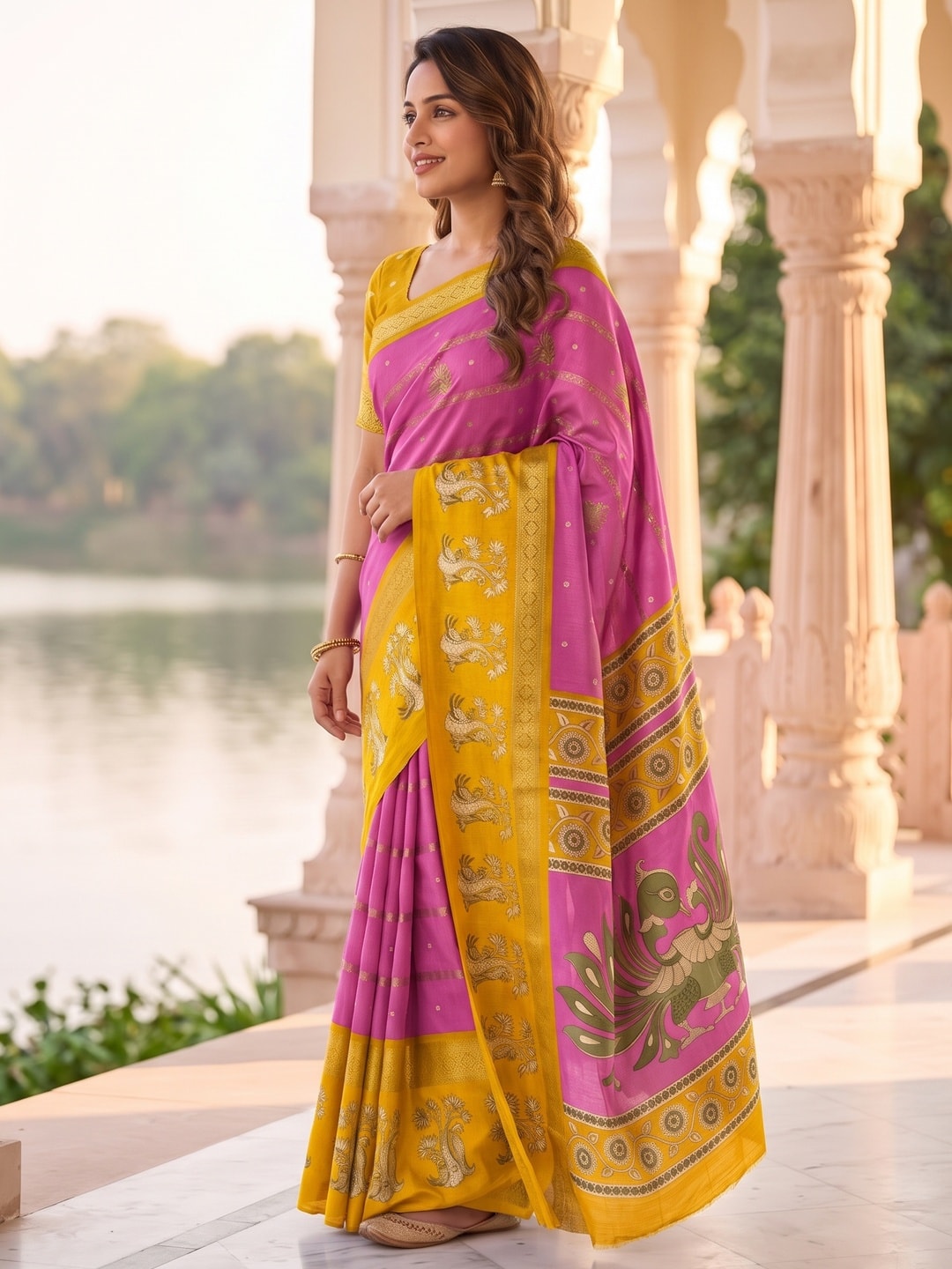 Peachmode Pink Soft Cotton Bentex Zari Jacquard Saree With Kalamkari Peacock Design - Image 3