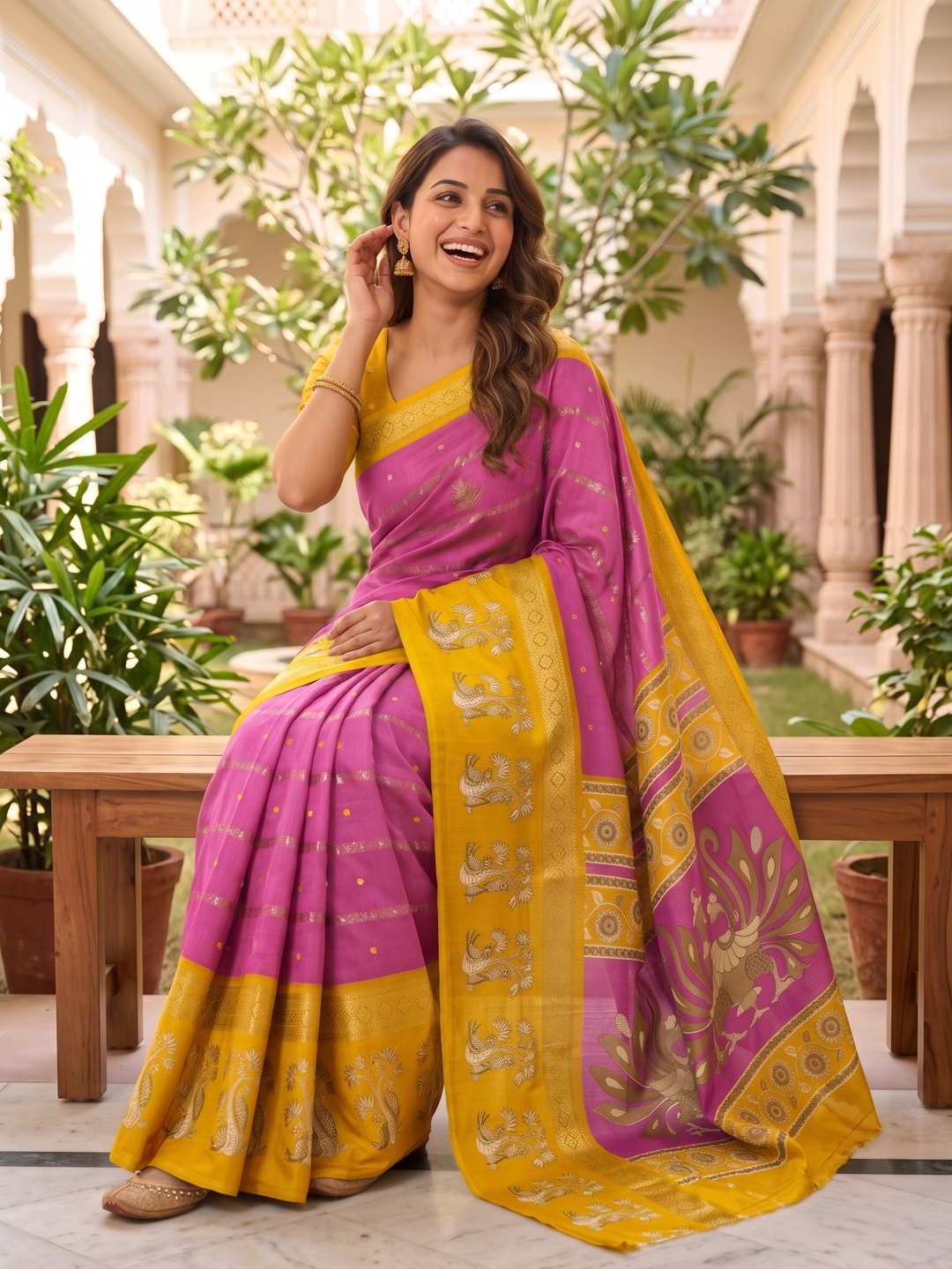 Peachmode Pink Soft Cotton Bentex Zari Jacquard Saree With Kalamkari Peacock Design - Image 4