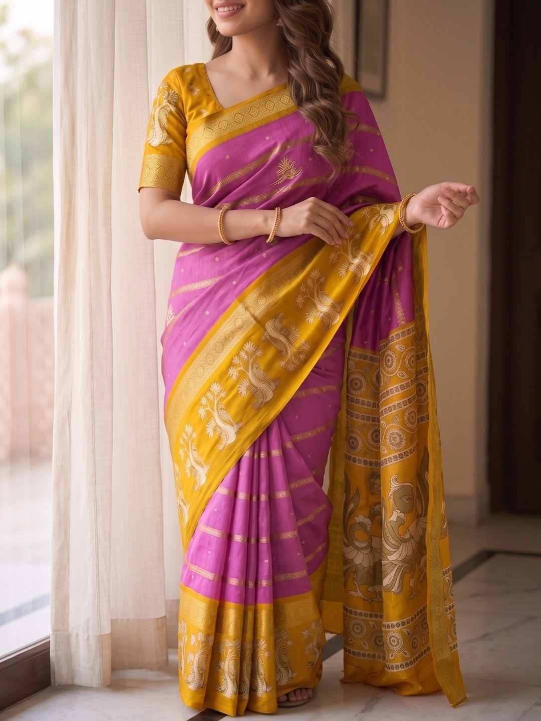 Peachmode Pink Soft Cotton Bentex Zari Jacquard Saree With Kalamkari Peacock Design - Image 5