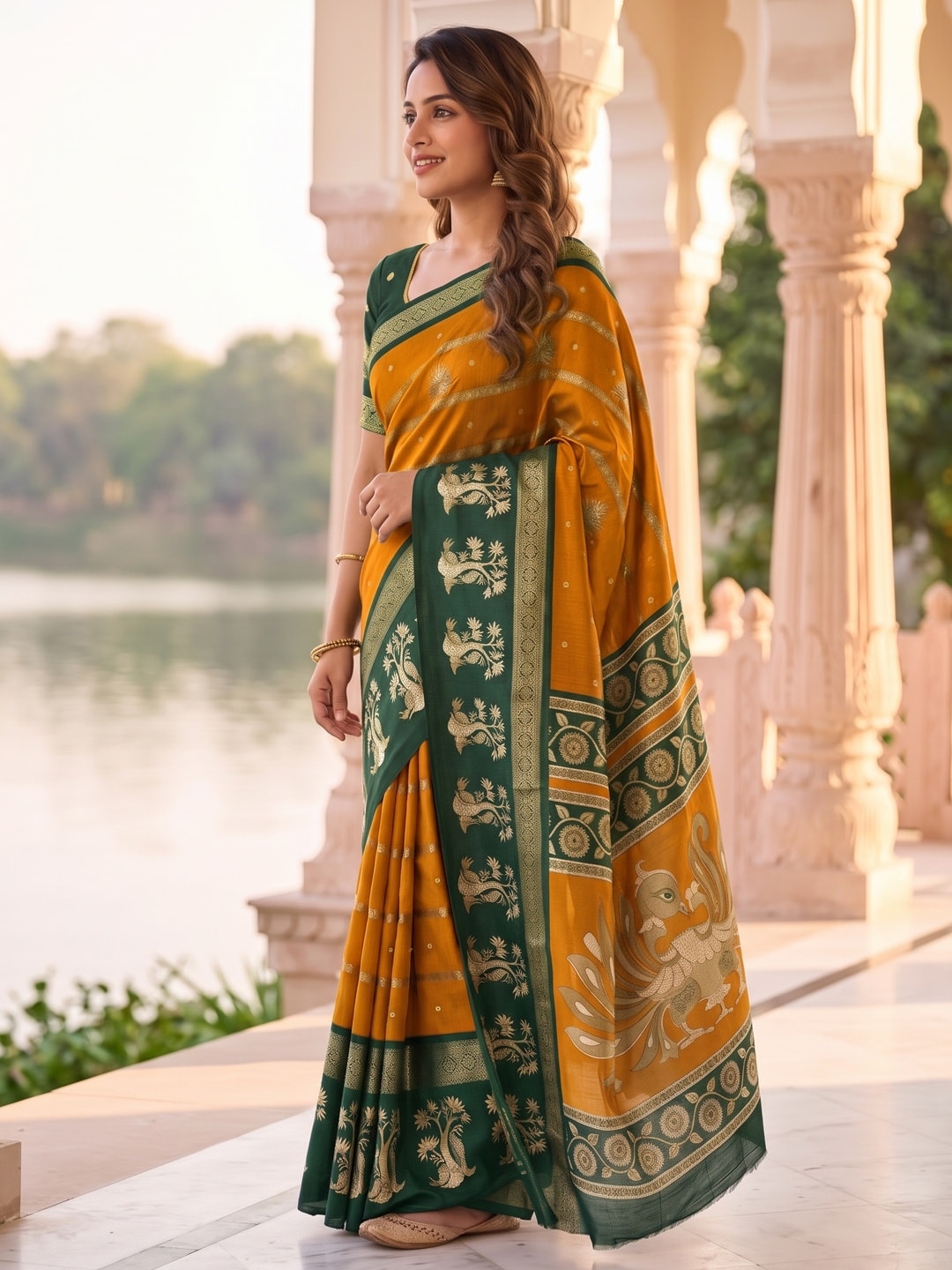 Peachmode Mustard Soft Cotton Bentex Zari Jacquard Saree With Kalamkari Peacock Design - Image 3