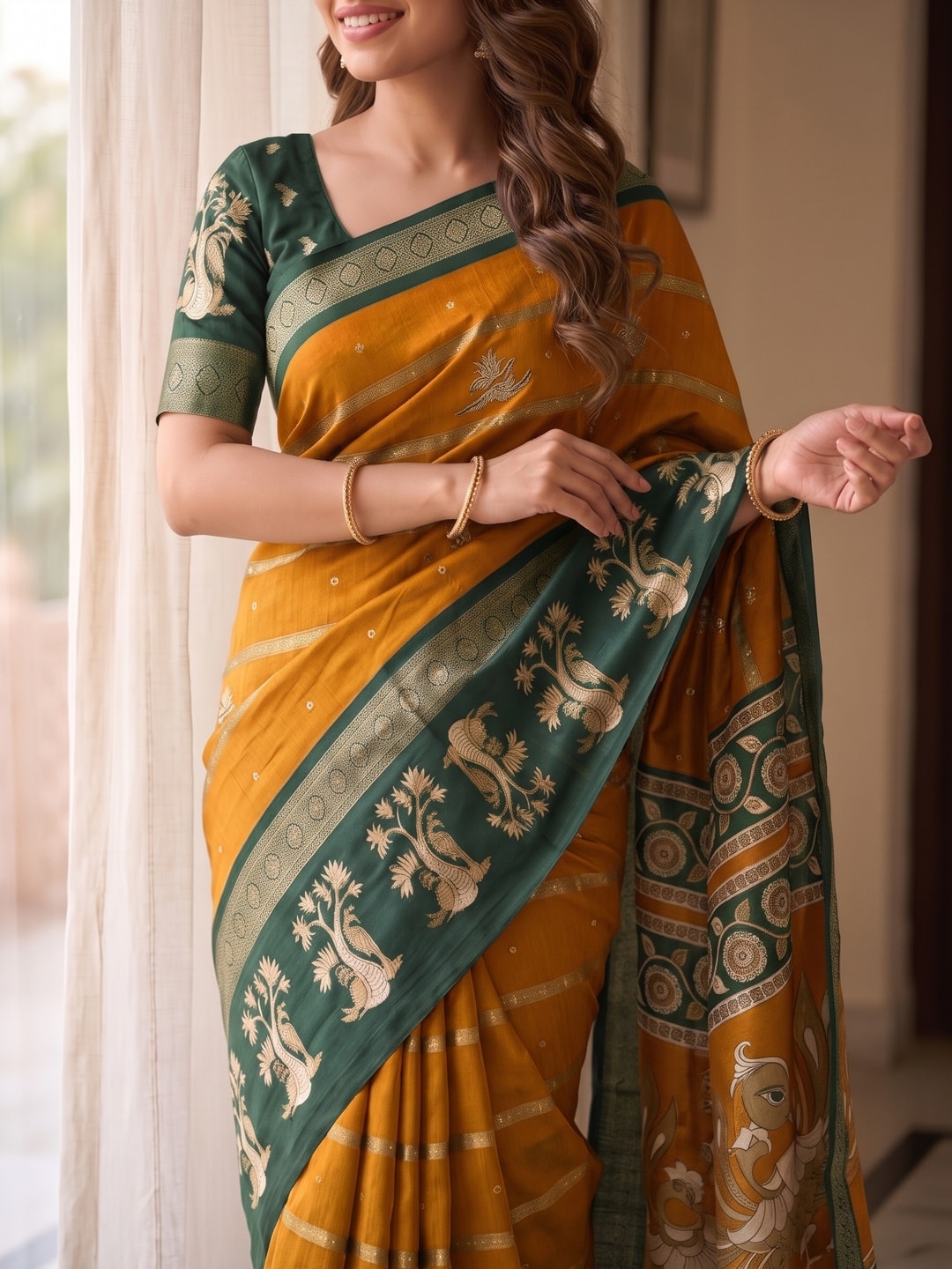 Peachmode Mustard Soft Cotton Bentex Zari Jacquard Saree With Kalamkari Peacock Design - Image 5