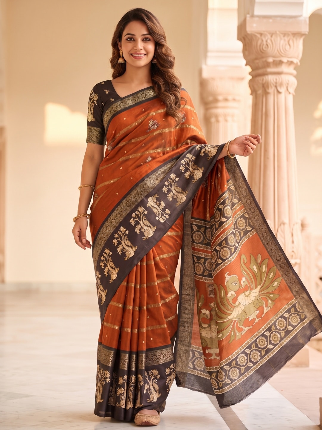 Peachmode Orange Soft Cotton Bentex Zari Jacquard Saree With Kalamkari Peacock Design - Image 1