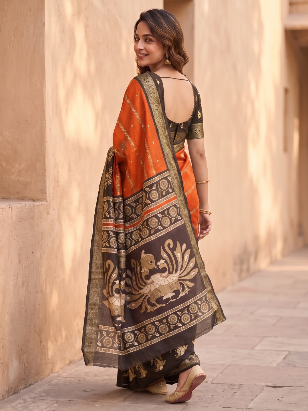 Peachmode Orange Soft Cotton Bentex Zari Jacquard Saree With Kalamkari Peacock Design - Image 2