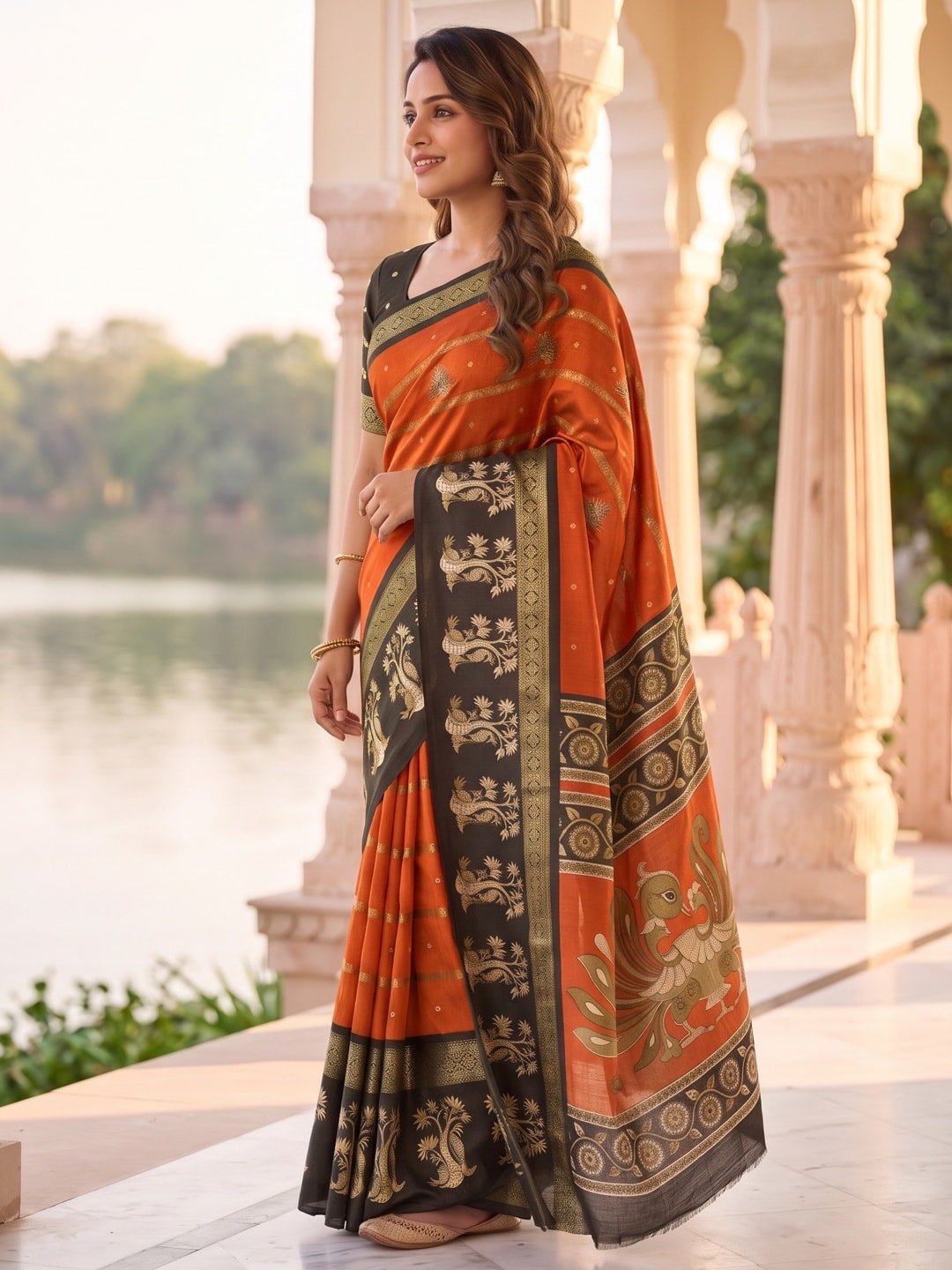 Peachmode Orange Soft Cotton Bentex Zari Jacquard Saree With Kalamkari Peacock Design - Image 3